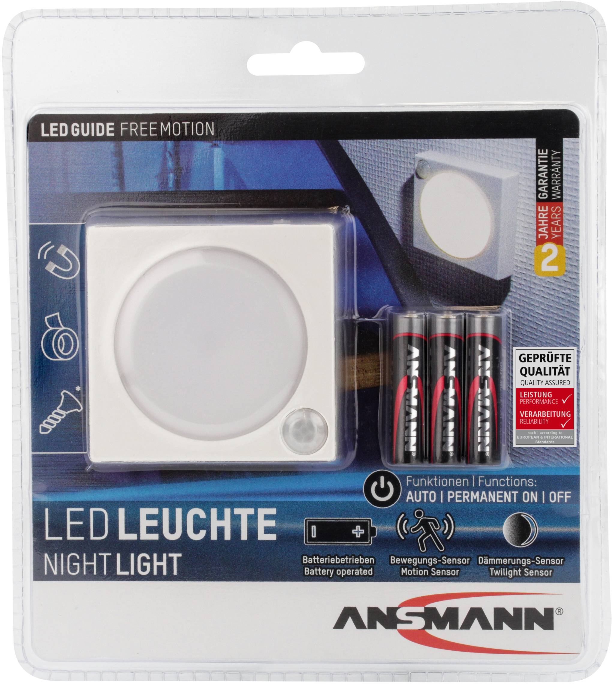 Ansmann LED Guide Free Motion 1600-0095 LED-Nachtlicht mit Bewegungsmelder   Rechteckig  LED Weiß Weiß