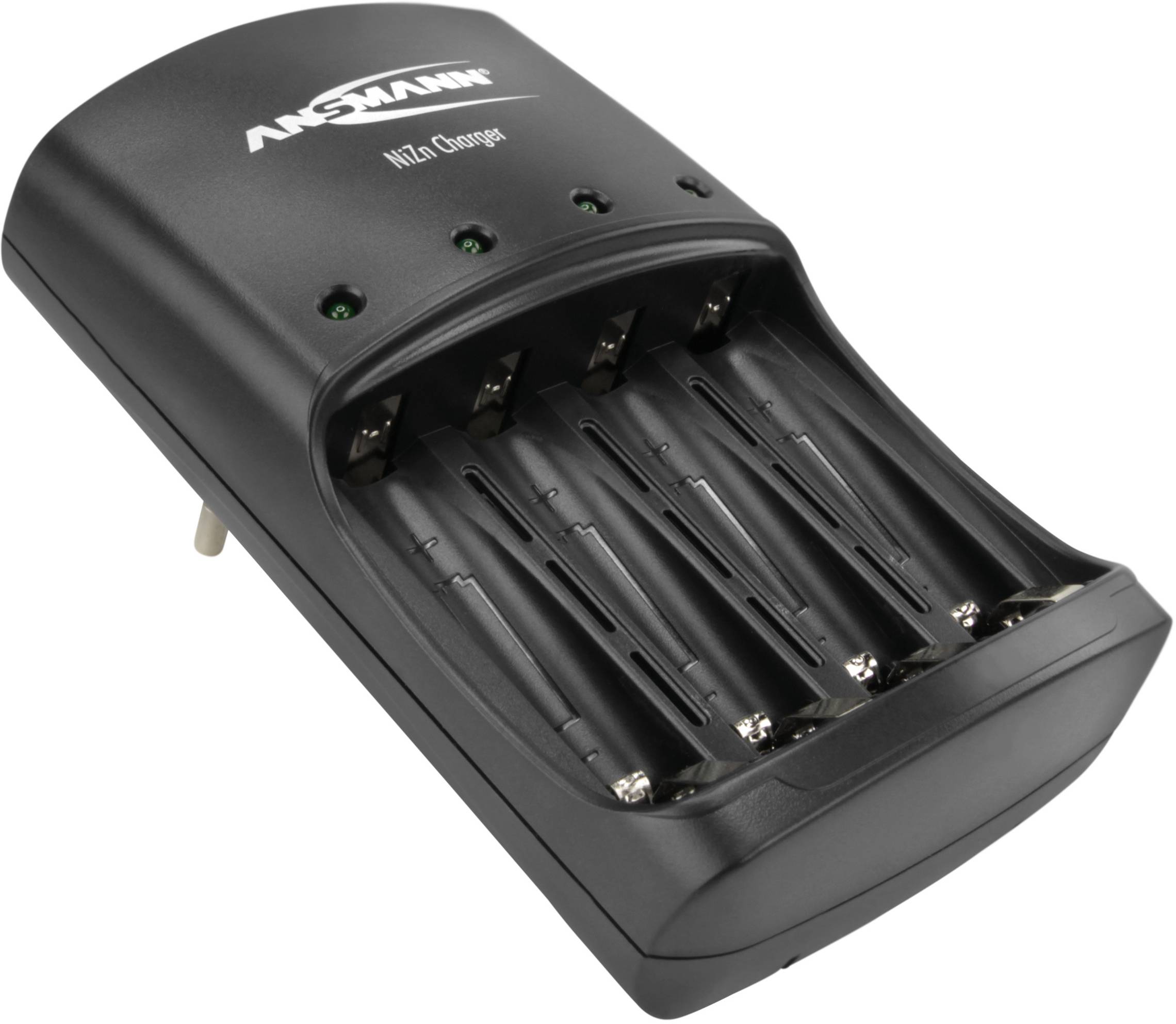 Schwarzes Batterieladegerät mit vier Ladeschächten für AA- oder AAA-Batterien. Markenlogo oben, Ladeanzeigeleuchten daneben.