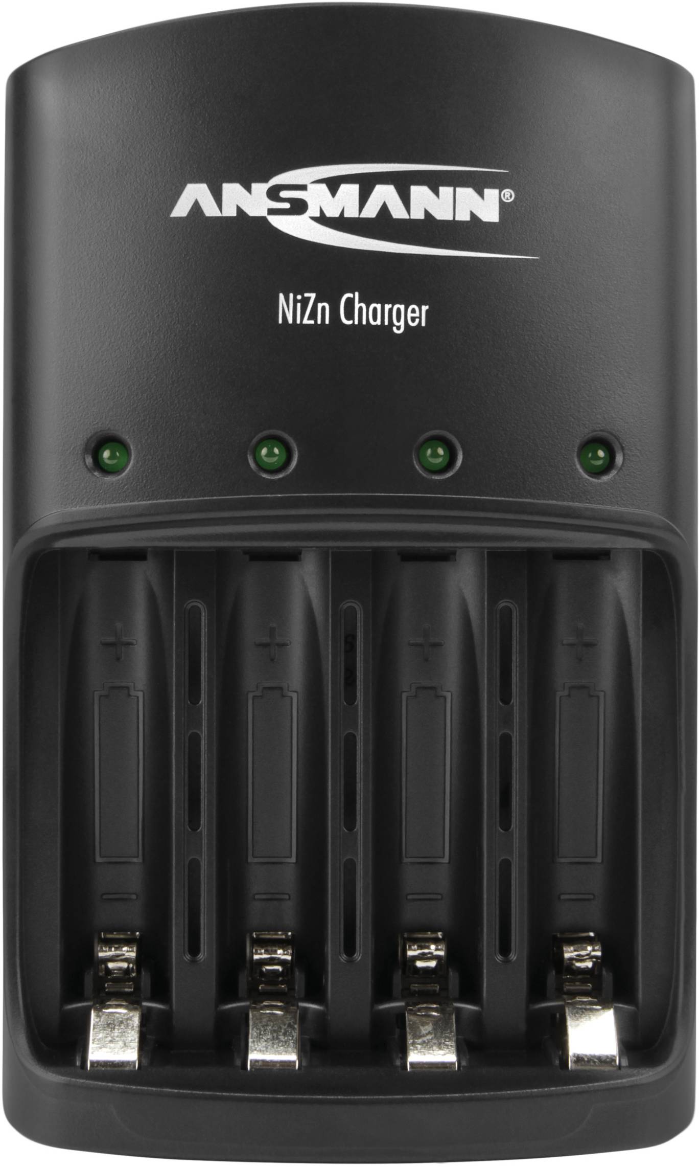 Schwarz-graues Ansmann NiZn Batterieladegerät mit vier Ladeplätzen und grünen Kontrollleuchten oben.