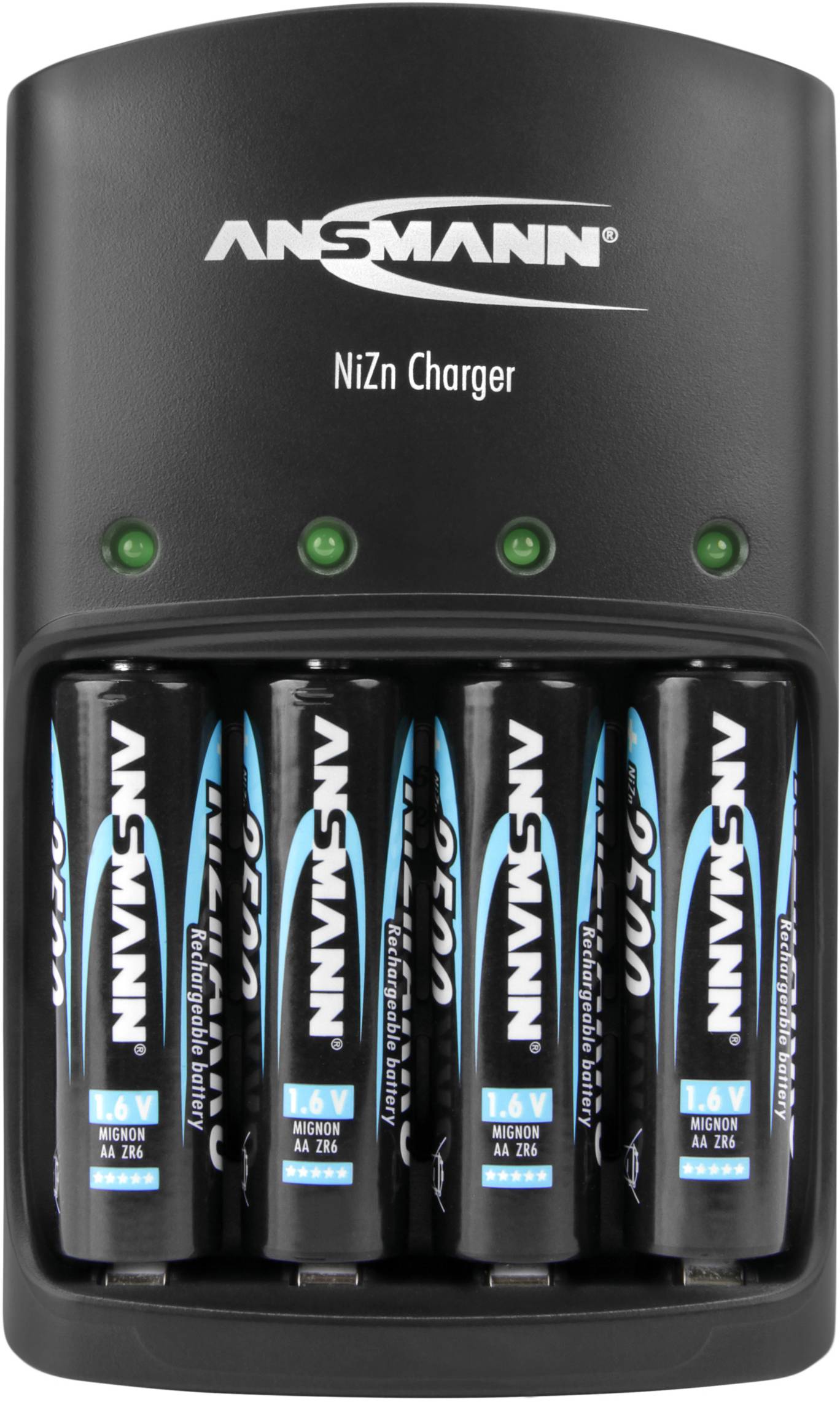 Batterieladegerät mit fünf eingelegten NiZn-AA-Batterien von Ansmann, Ladeanzeige mit grünen Kontrollleuchten oben.