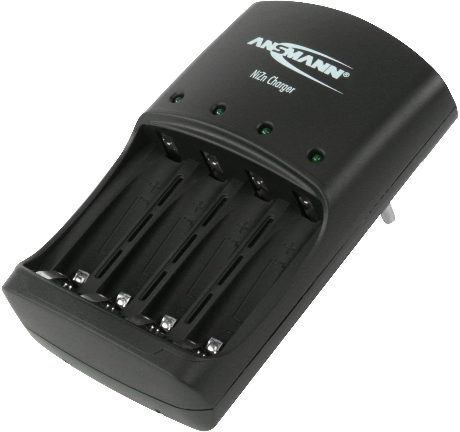 Schwarzes Batterieladegerät mit vier Ladeschächten und LED-Anzeigen.