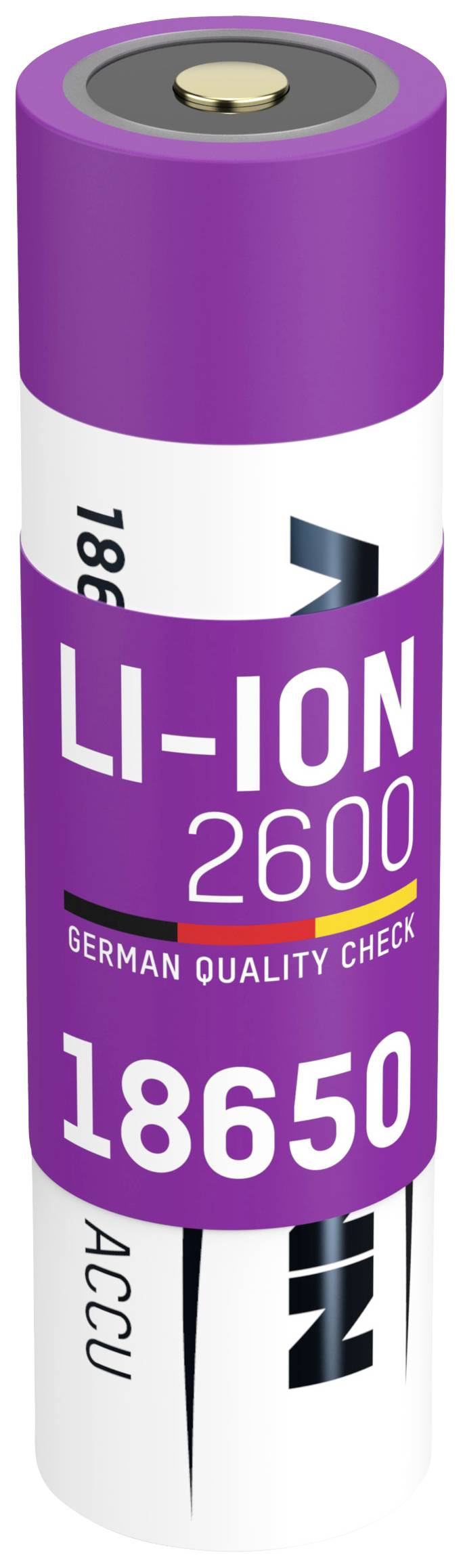 Lila-weiße Lithium-Ionen-Batterie 'LI-ION 2600', Typ 18650, mit Aufschrift 'GERMAN QUALITY CHECK'.