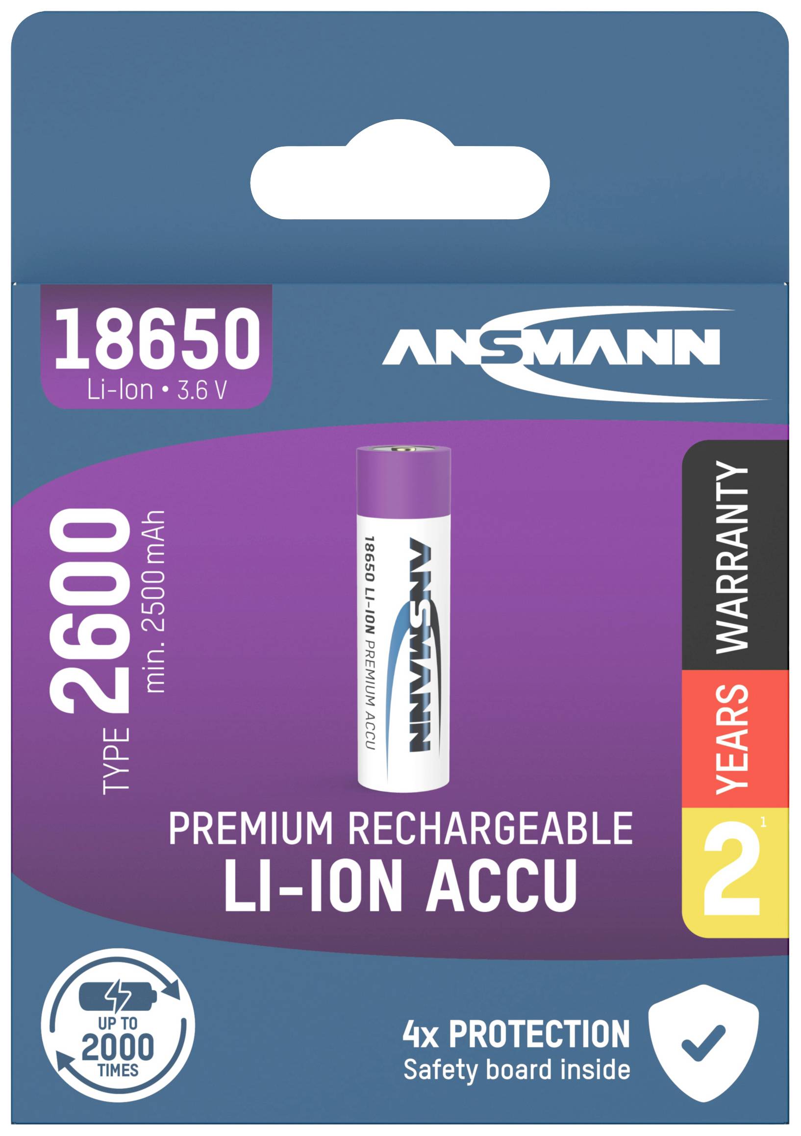 Verpackung eines wiederaufladbaren Lithium-Ionen-Akkus von Ansmann. Typ 18650, 2600 mAh, mit 2 Jahren Garantie und 4-fachem Schutz.