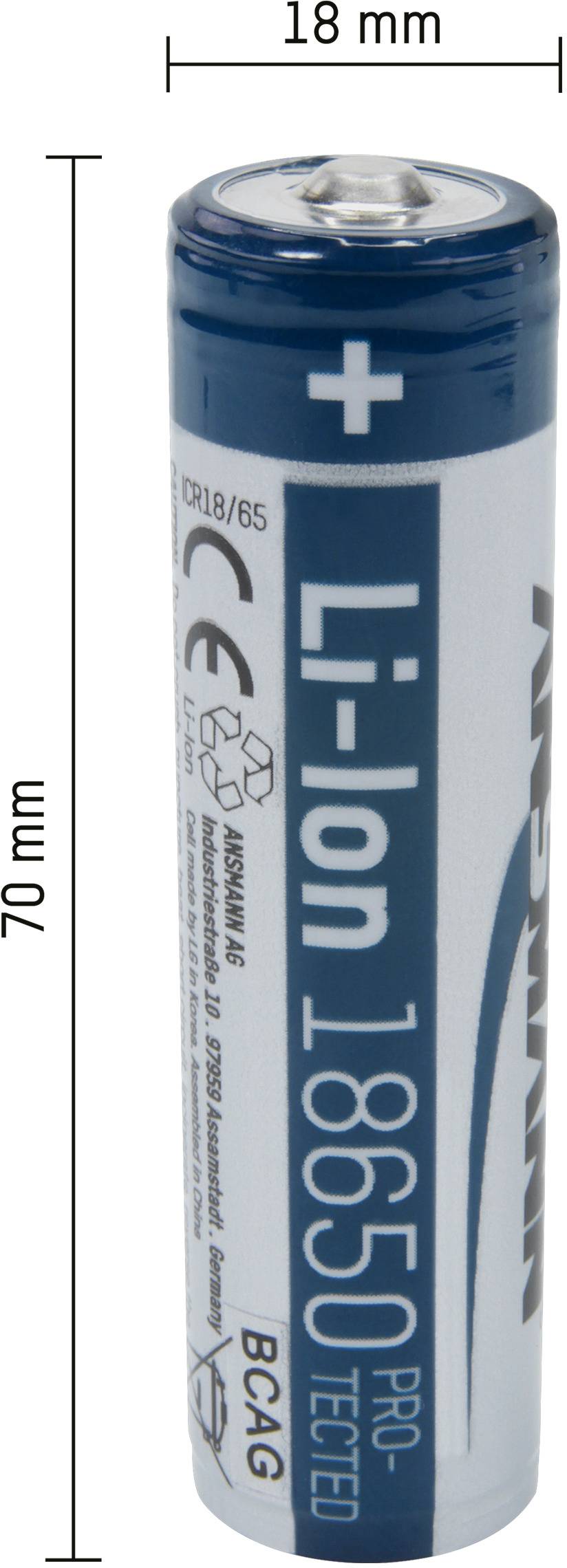 Li-Ionen-Akku der Größe 18650 mit blauer Hülle, 70 mm lang und 18 mm Durchmesser. Oben ist das Pluszeichen markiert.