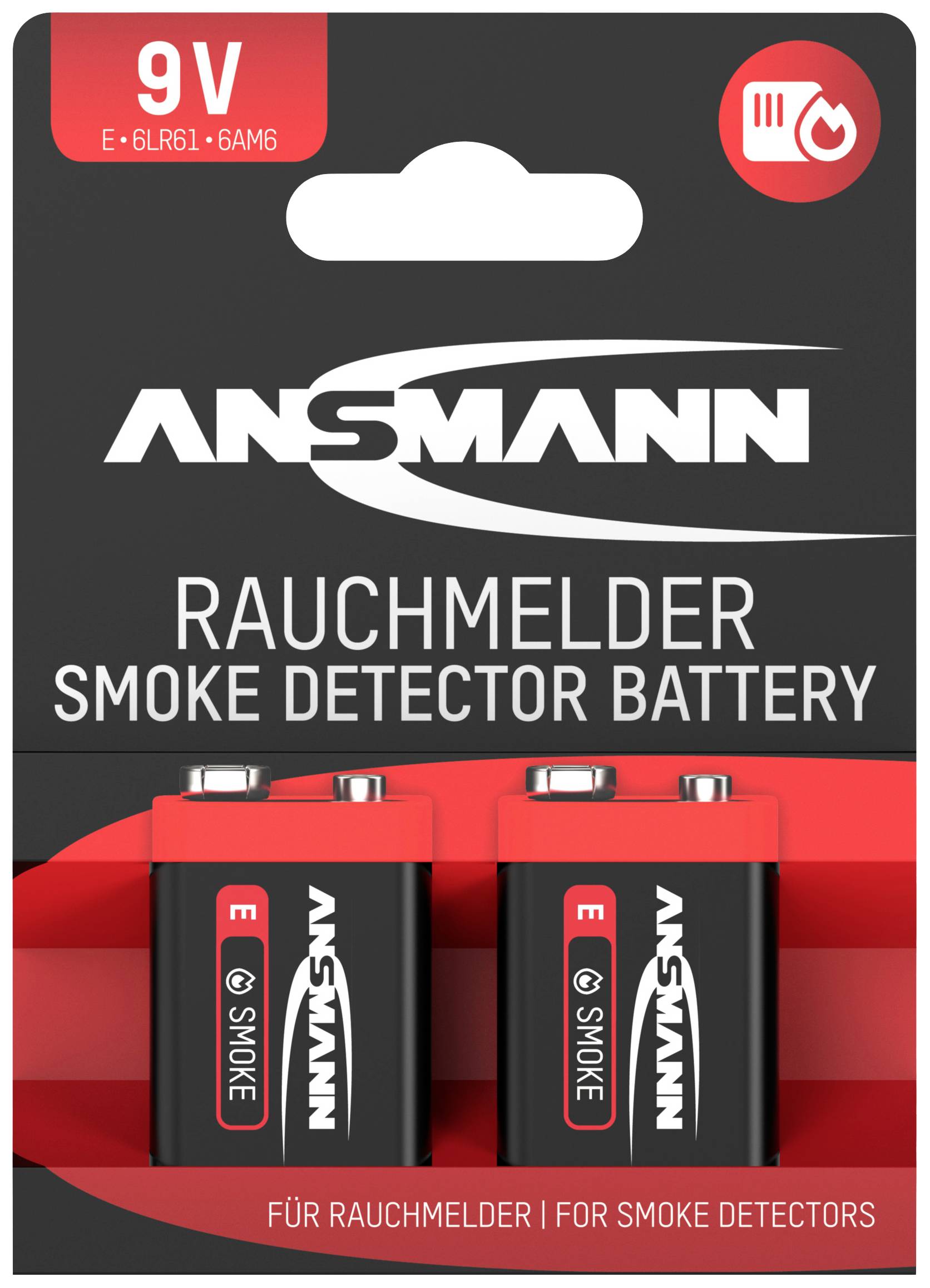 Zwei '9V' Rauchmelder-Batterien von Ansmann in schwarzer und roter Verpackung, geeignet für Rauchmelder.