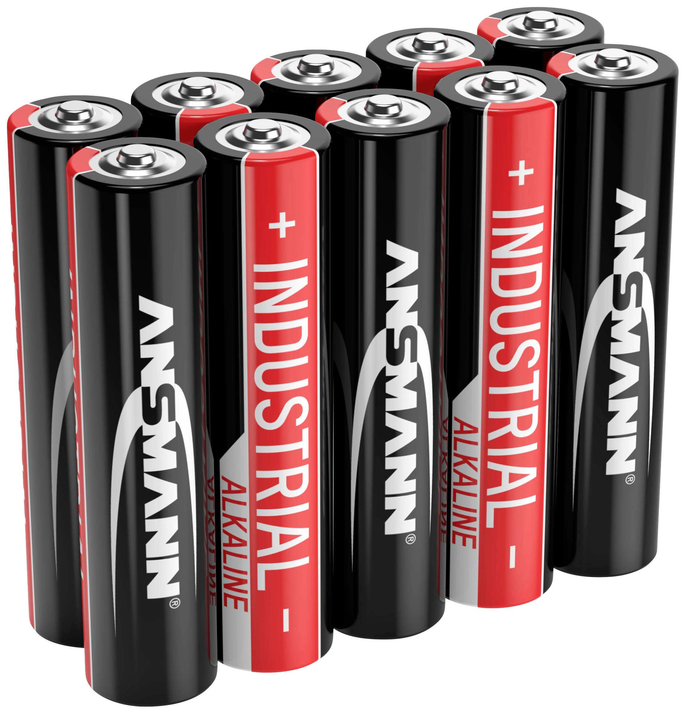 Zehn AA-Batterien, stehend, vier schwarz, sechs rot, mit der Aufschrift 'ANSMANN INDUSTRIAL ALKALINE', positive Enden oben.