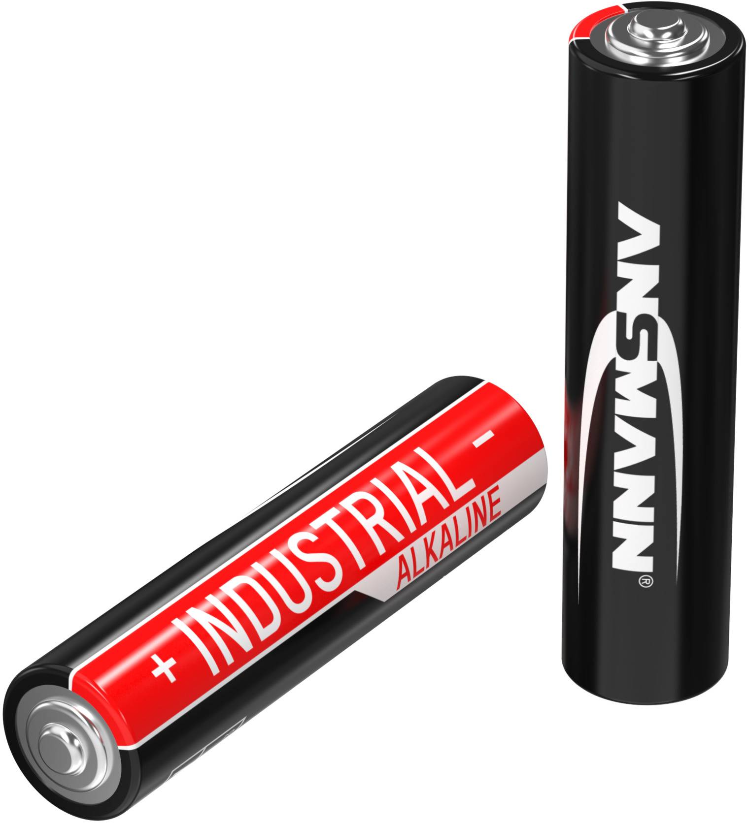 Zwei AA-Batterien: Eine liegt und zeigt das Label 'INDUSTRIAL - ALKALINE'; die andere steht aufrecht.