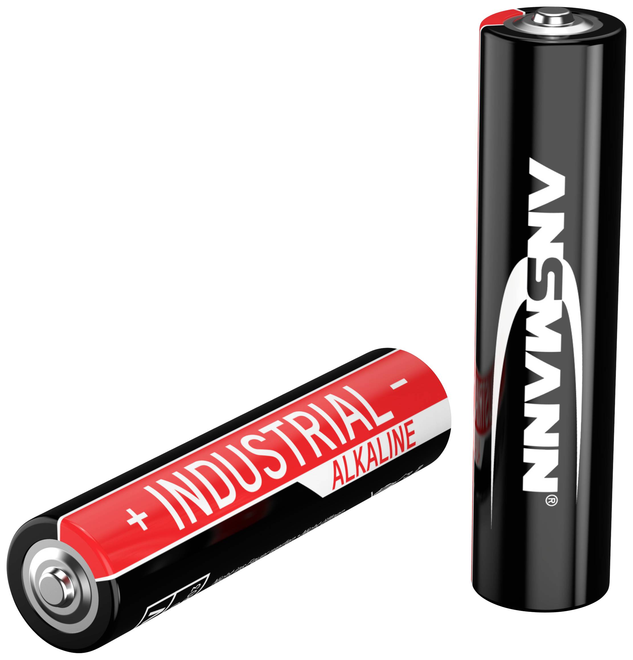 Zwei schwarze AA-Batterien, eine liegend und eine stehend, mit der Aufschrift 'INDUSTRIAL' und 'ANSMANN'.