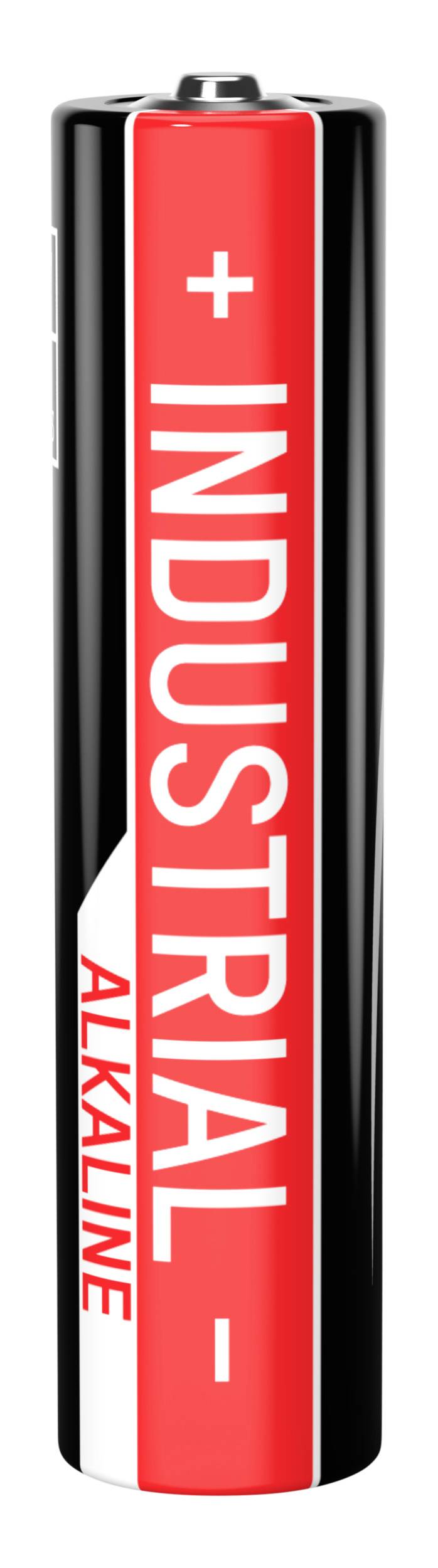 'Alkaline-Industriebatterie' in vertikaler Ausrichtung mit positiven und negativen Polen sichtbar. Schwarzes Gehäuse mit rotem Etikett.