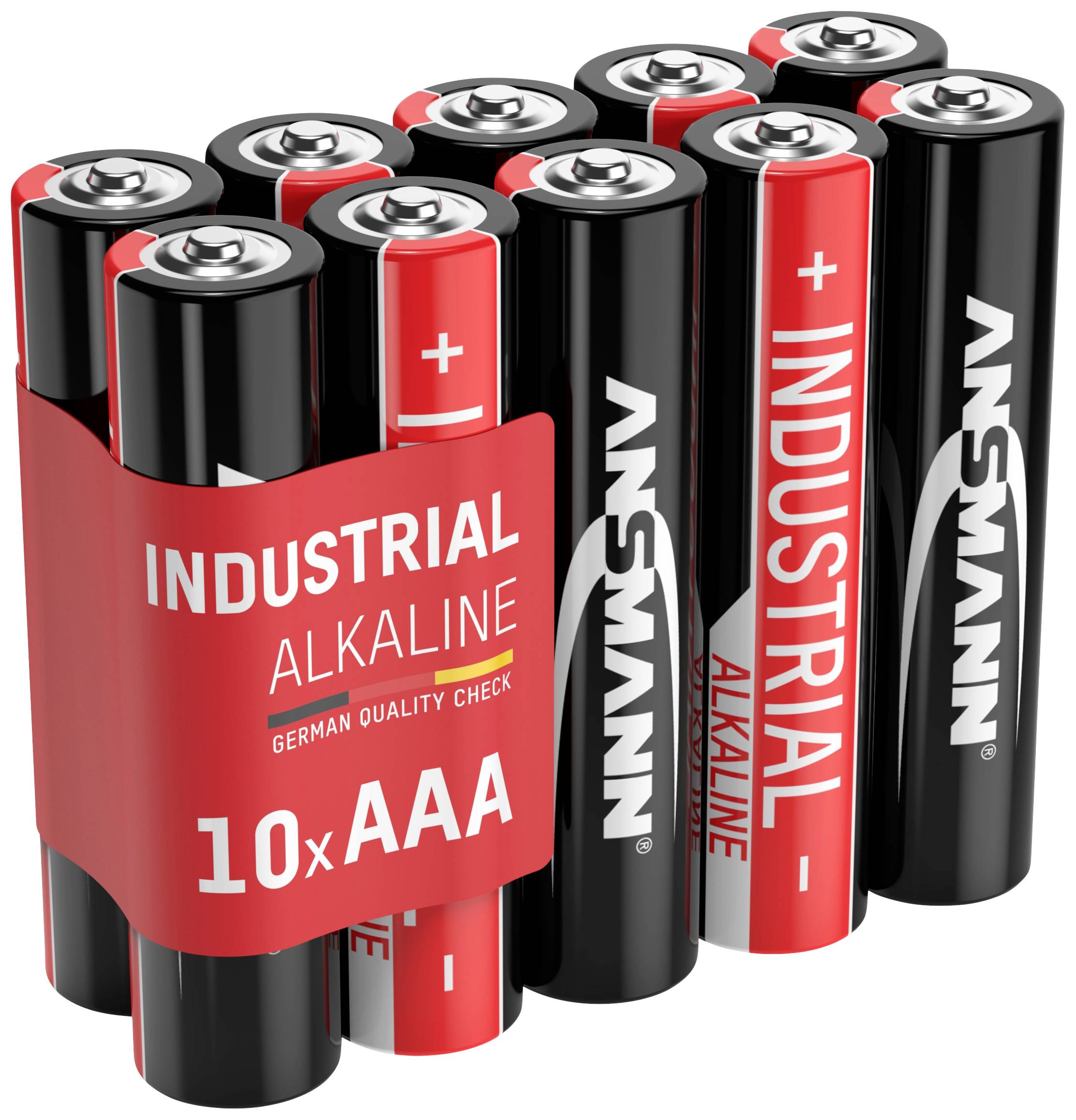 Ein Set von 10 AAA-Alkaline-Industriebatterien mit roter und schwarzer Verpackung, beschriftet mit 'German Quality Check'.