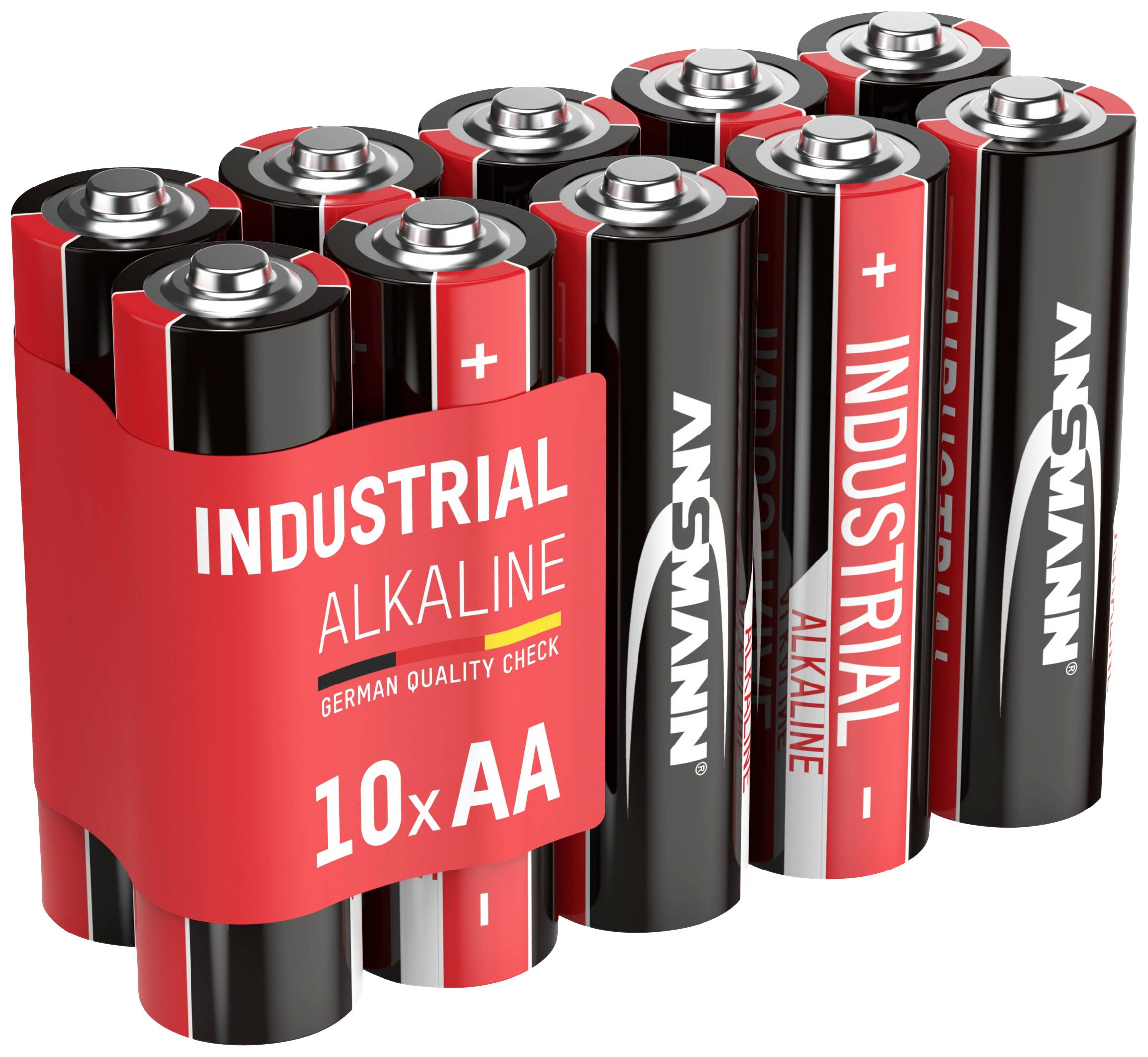 Ansmann Batteriepack mit 10 AA Industrial Alkaline Batterien, rot-schwarzes Design, geeignet für langlebige Energieversorgung.