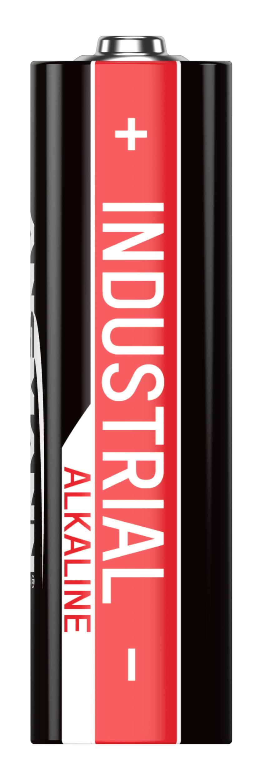 Alkaline-Batterie in Schwarz und Rot mit Aufschrift 'Industrial Alkaline'. Positive und negative Pole sind markiert.