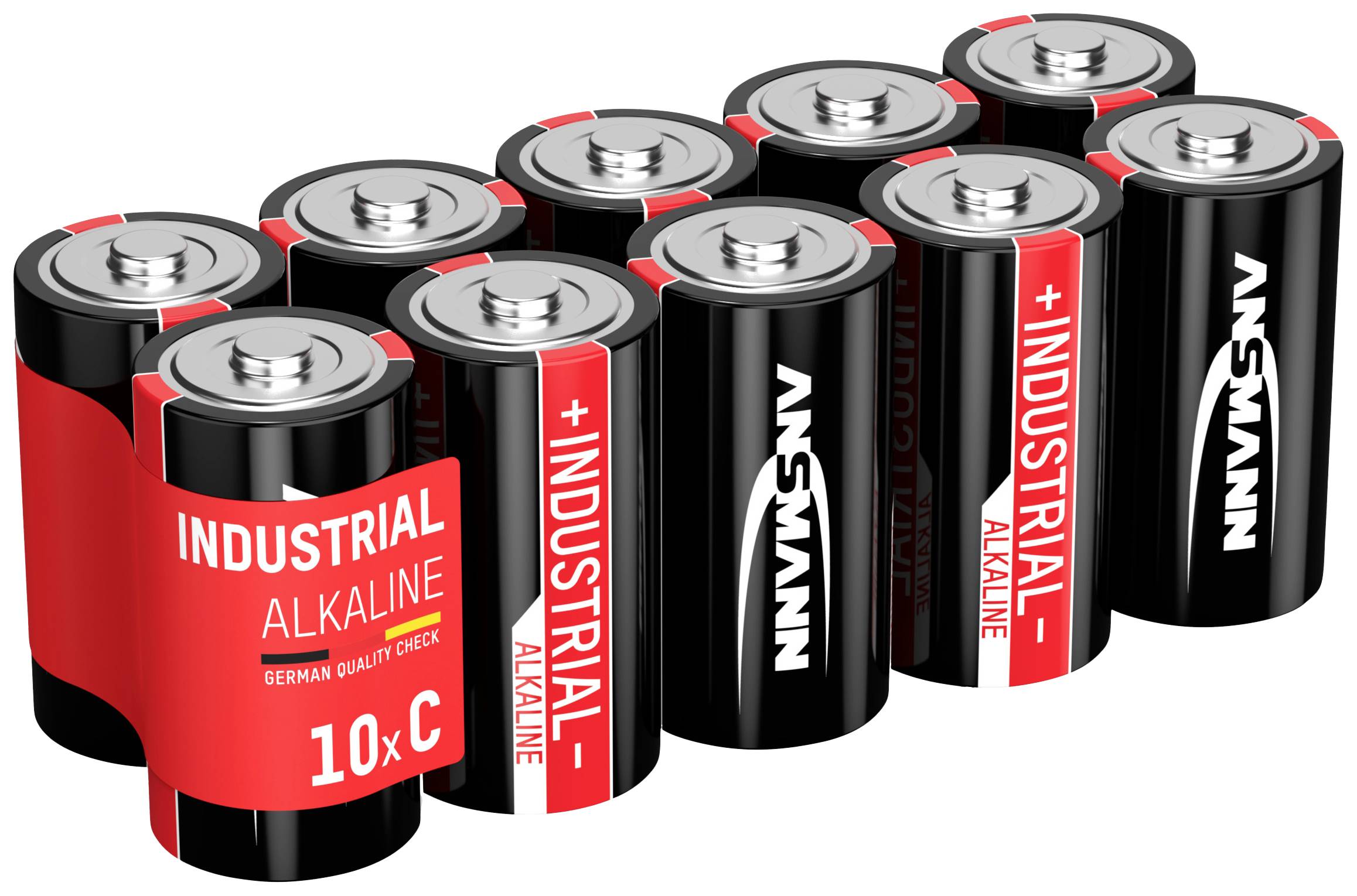 'INDUSTRIAL ALKALINE'-Batterien, 10er-Packung, mit roter Beschriftung auf schwarzem Hintergrund. Geeignet für industrielle Anwendungen.