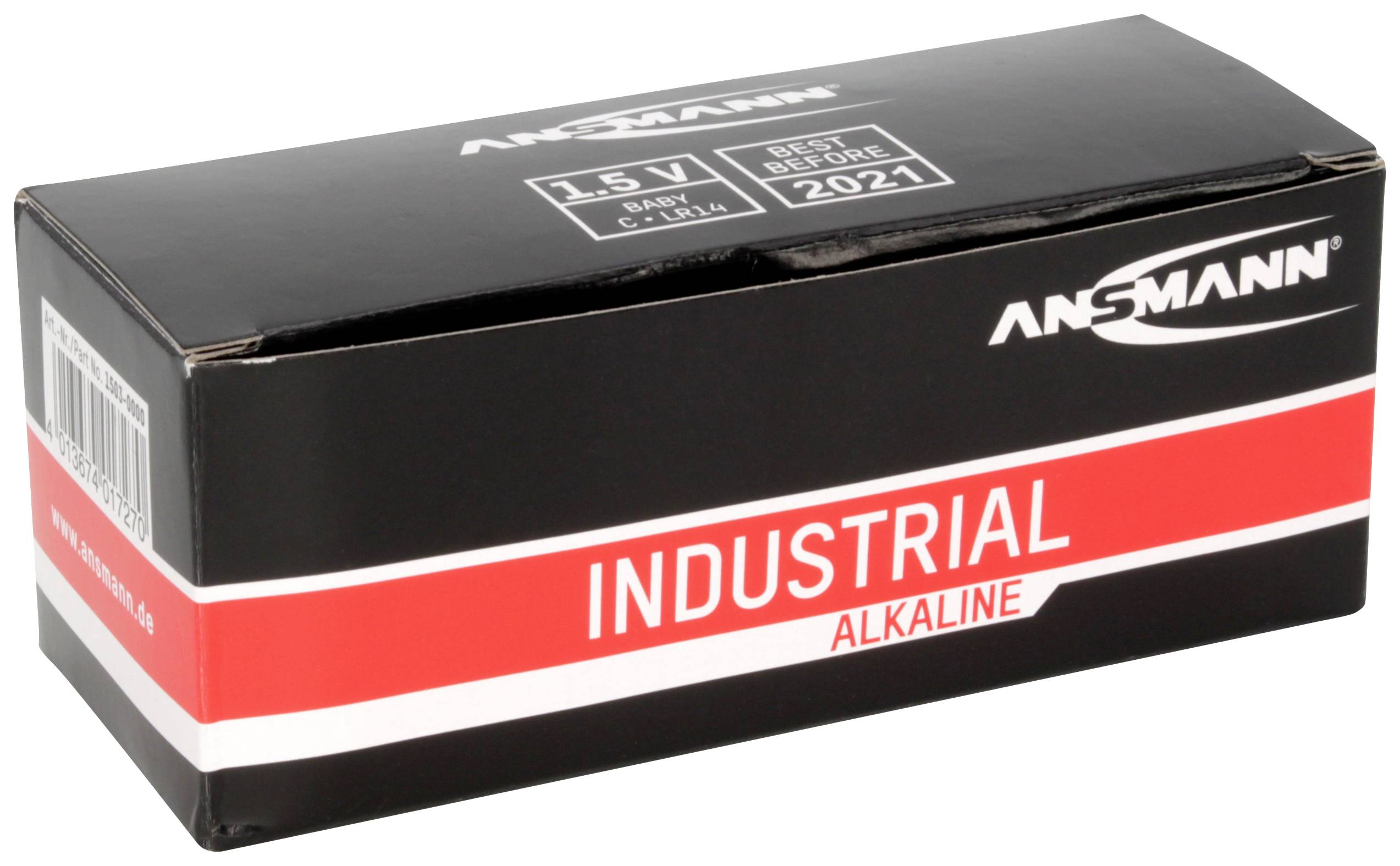 Schwarze Verpackung mit rotem Streifen der Marke Ansmann. Text: Industrial Alkaline, 1.5V, Best before 2021. Batterieverpackung.