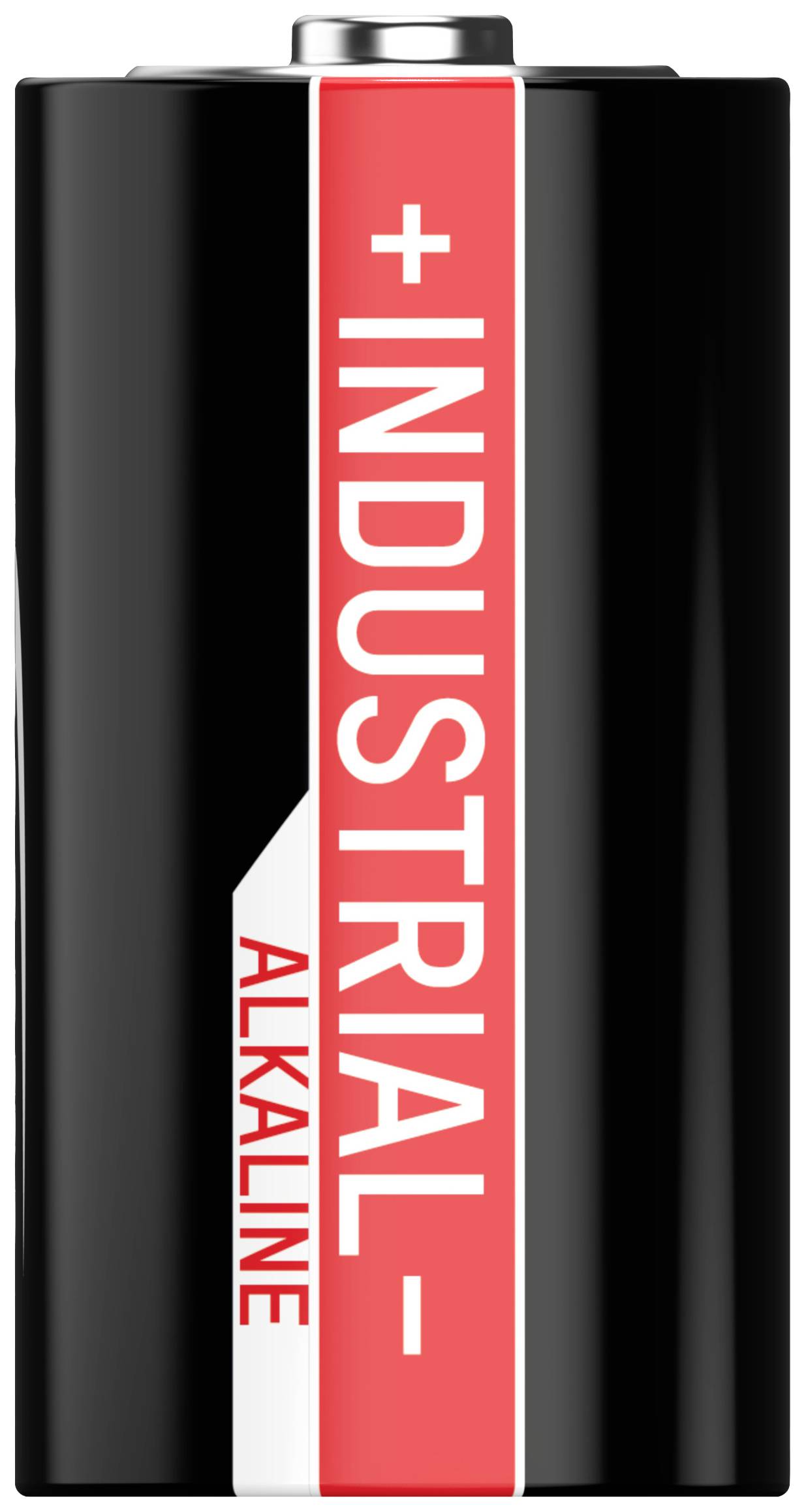 Schwarze Industriebatterie mit rotem Streifen und Aufschrift 'INDUSTRIAL ALKALINE'.