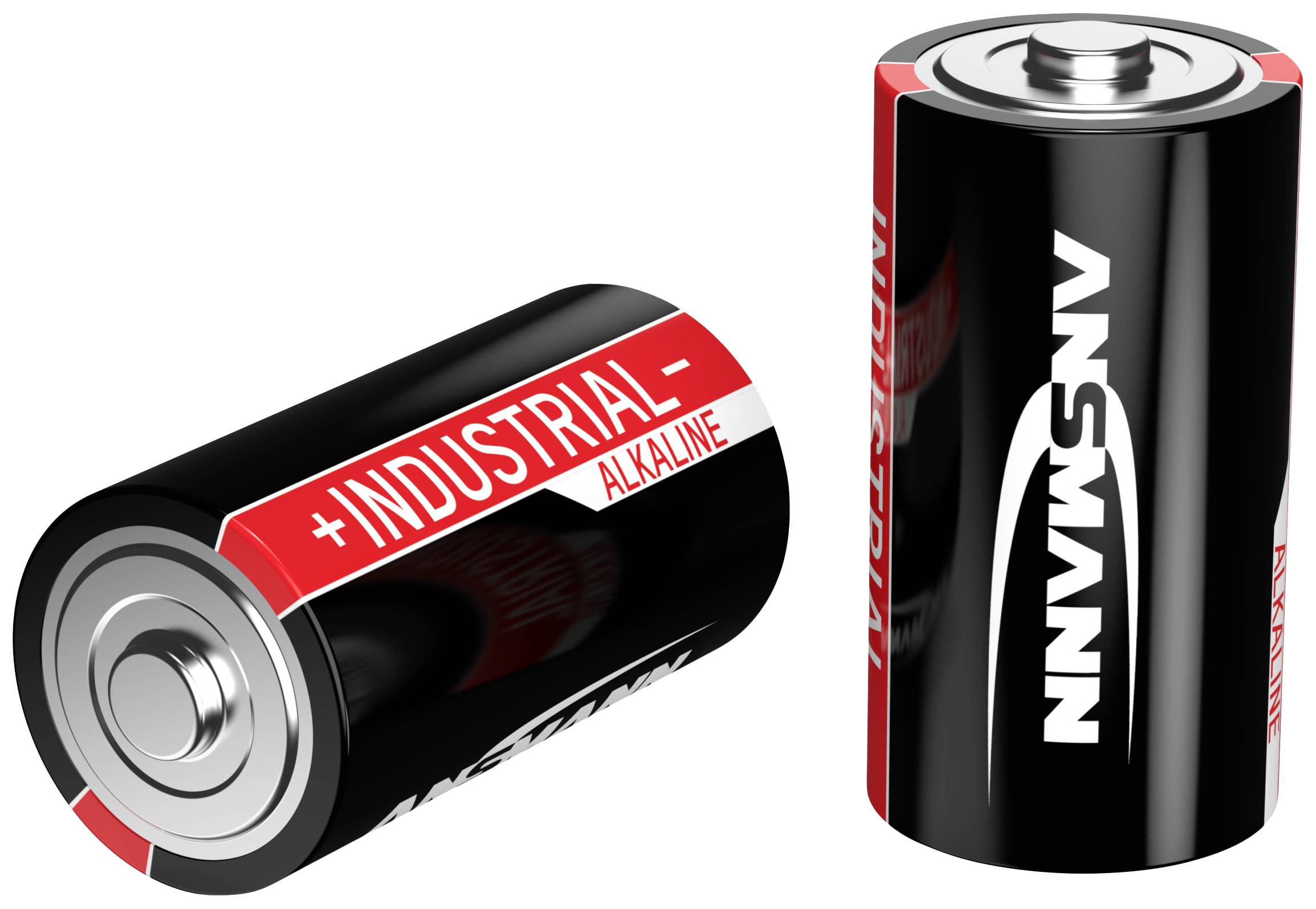 Zwei industrielle Alkali-Batterien mit Plus- und Minuspol sichtbar, eine stehend, eine liegend. Markierung: 'Industrial Alkaline'.