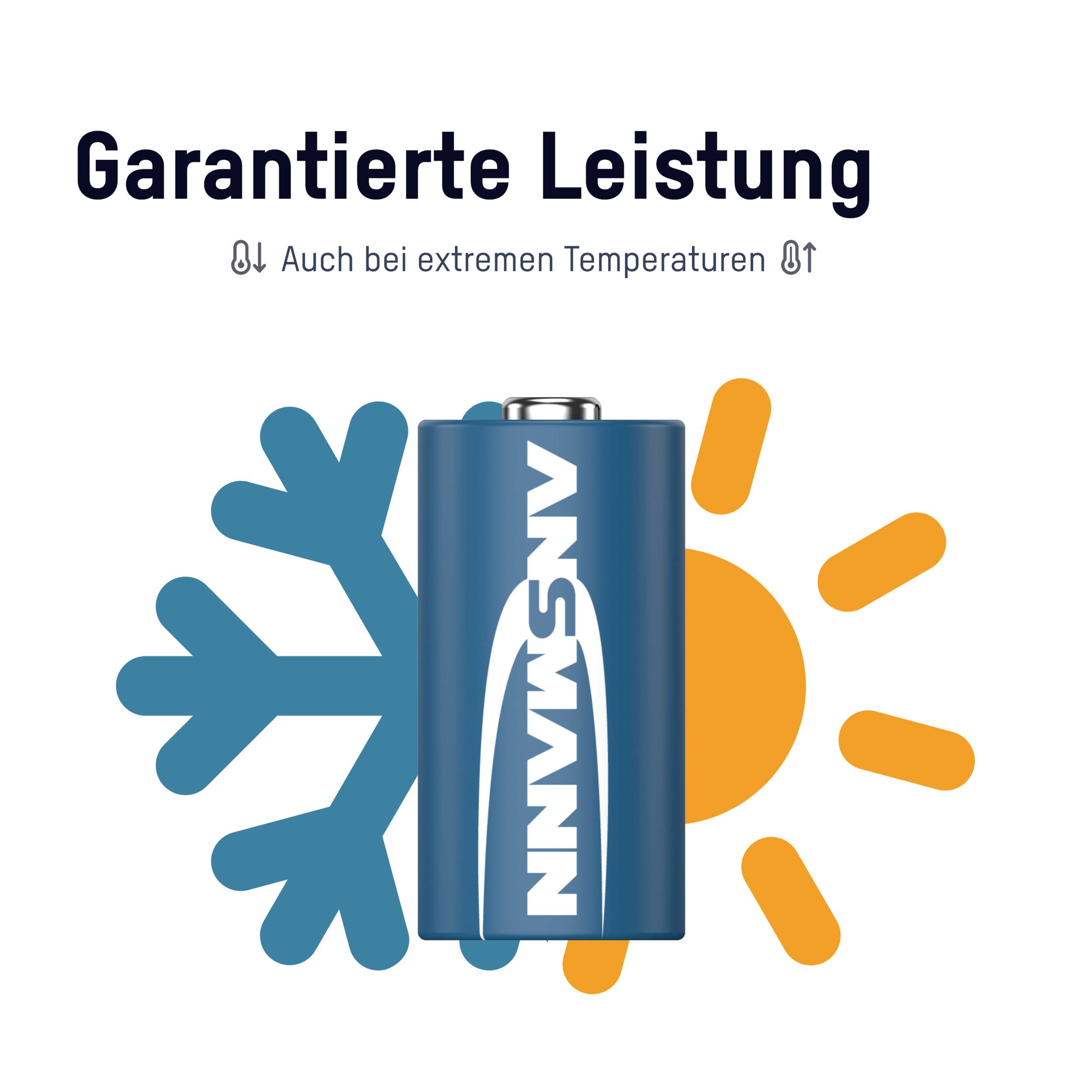 Eine Batterie mit einem Schnee- und Sonnensymbol daneben. Text: 'Garantierte Leistung - Auch bei extremen Temperaturen'.