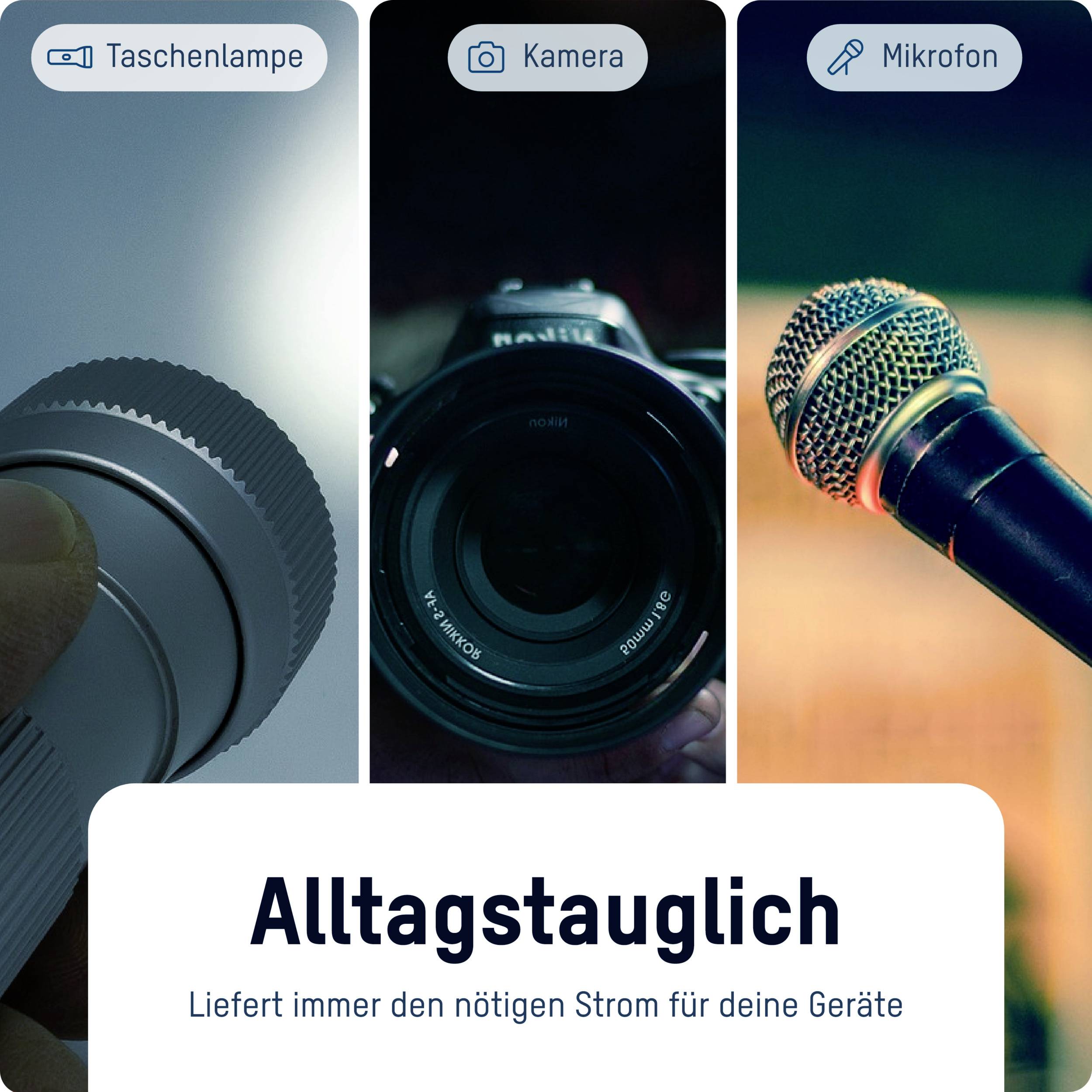 'Alltagstauglich' zeigt eine Taschenlampe, Kamera und Mikrofon nebeneinander; betont Vielseitigkeit und Zuverlässigkeit. Text: 'Liefert immer den nötigen Strom für deine Geräte'.