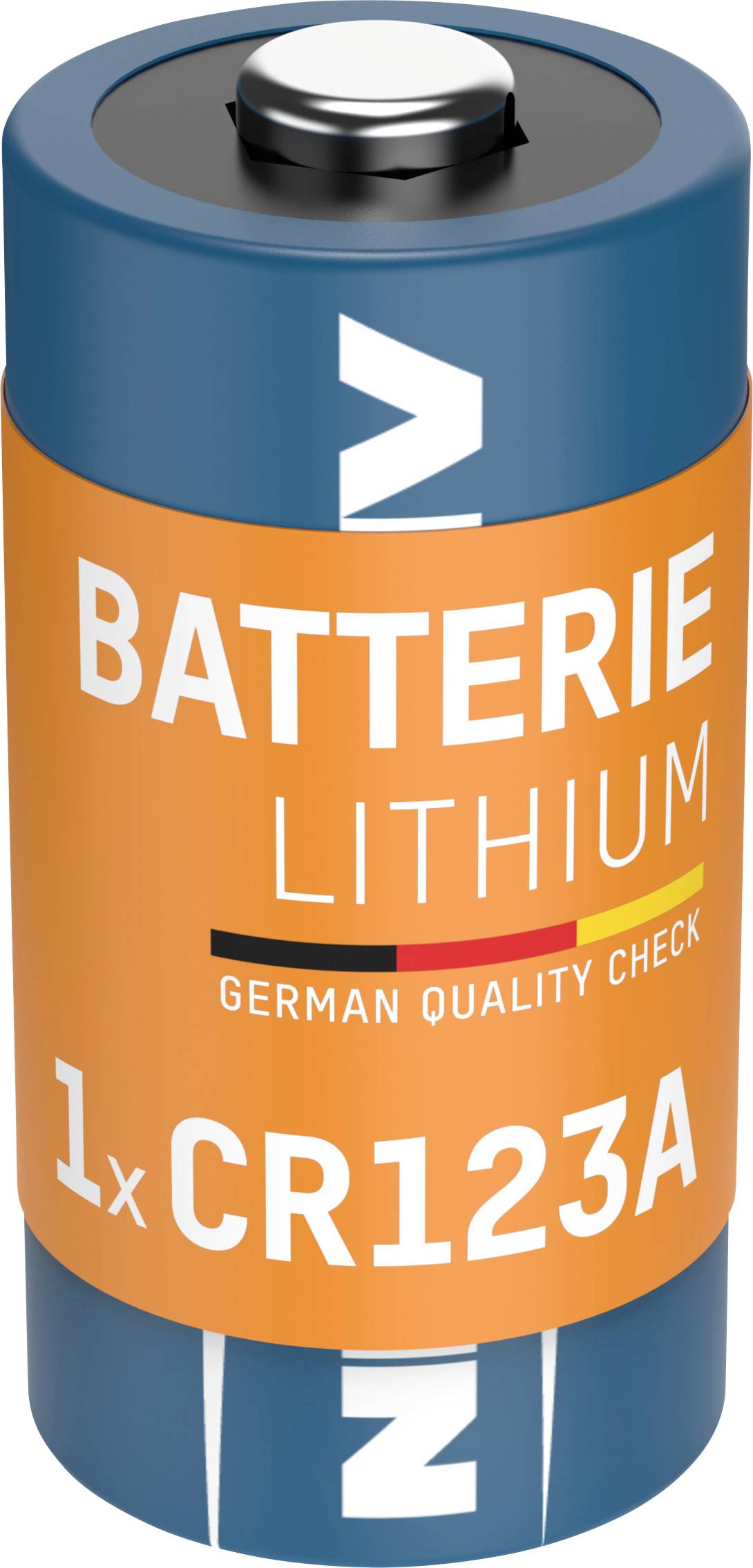 Lithiumbatterie, Modell CR123A, mit orangefarbenem Etikett, Aufschrift 'Batterie Lithium', 'German Quality Check'.