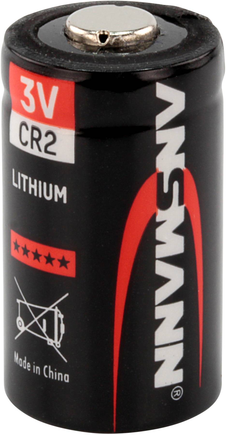 Eine schwarze CR2 Lithium-Batterie mit rotem Logo und der Aufschrift '3V', 'CR2', 'LITHIUM', fünf roten Sternen und 'Made in China'.