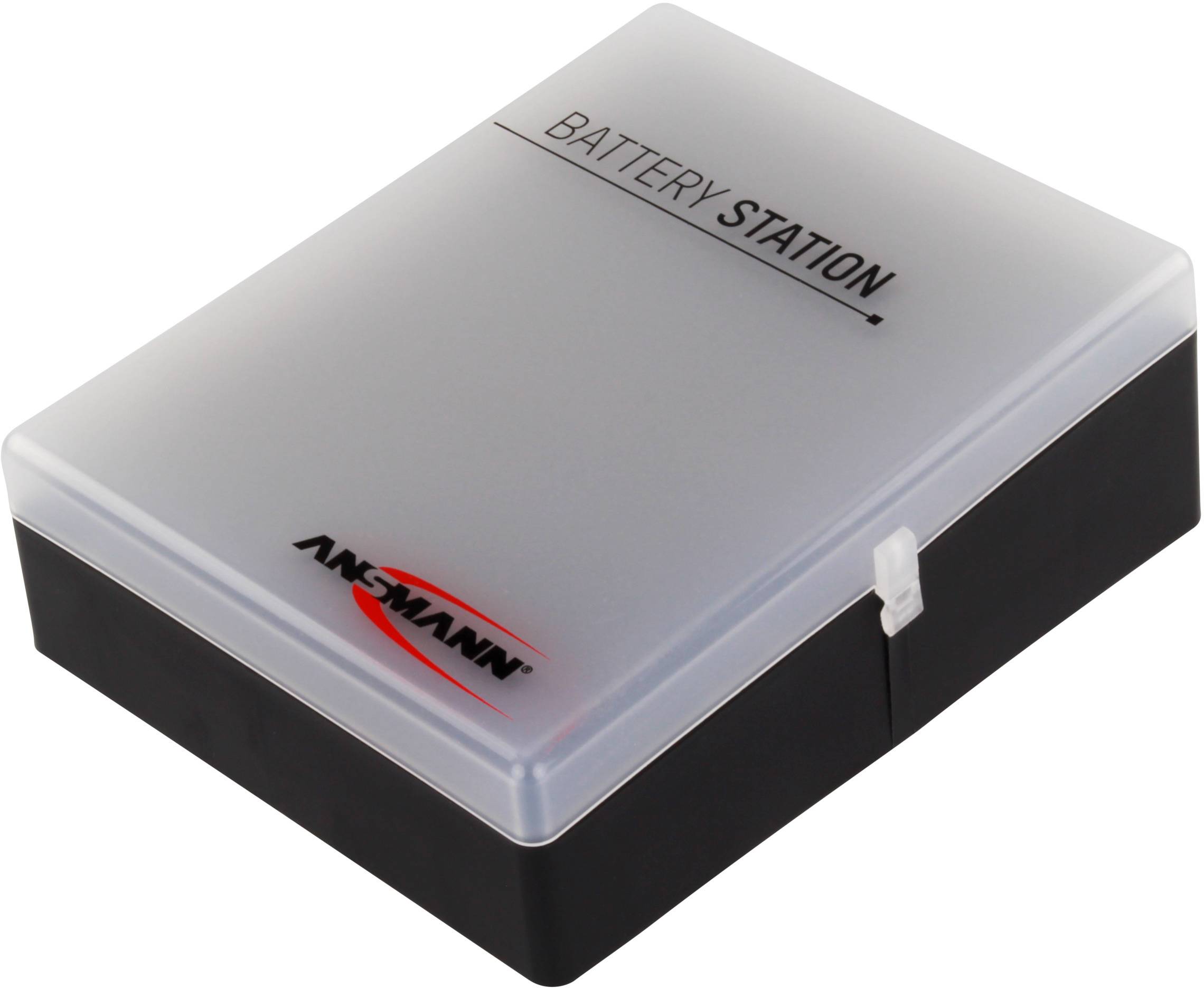 Eine schwarze Batteriestation mit transparentem Deckel, darauf 'Battery Station' und das Logo einer Marke. Geeignet für organisierte Aufbewahrung.