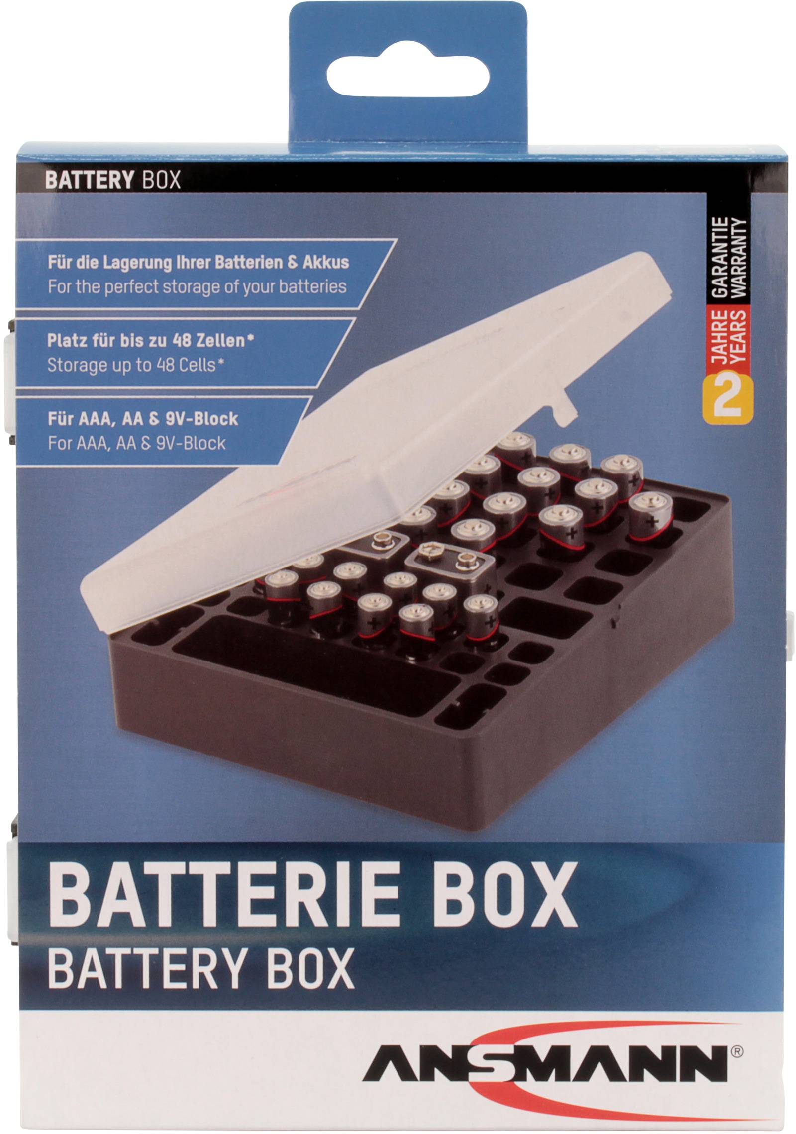 'BATTERIE BOX' für die Aufbewahrung von bis zu 48 Batterien (AAA, AA, 9V). Schwarzer Einsatz mit Batterien, transparenter Deckel.