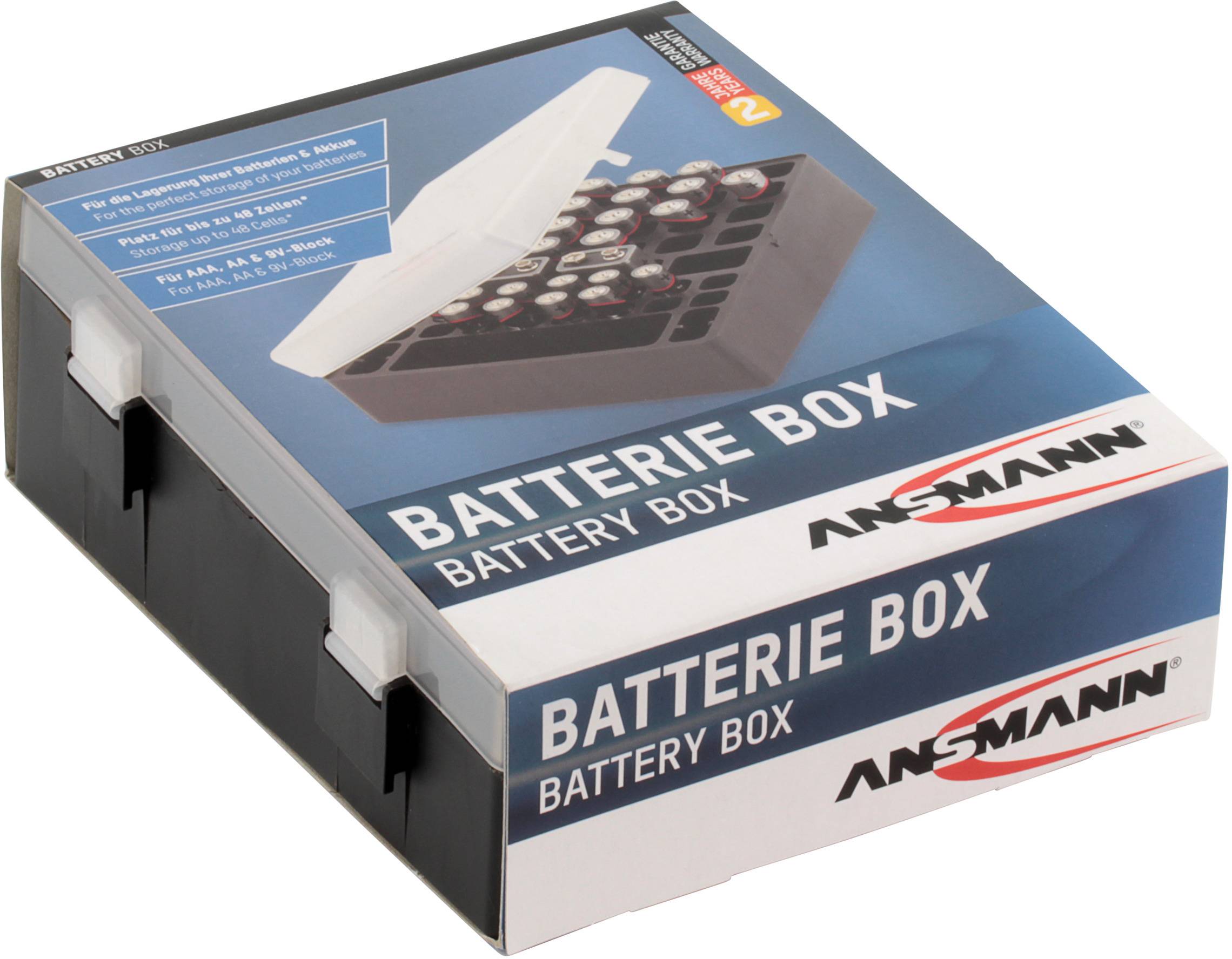 Batteriebox von Ansmann zur Aufbewahrung von Batterien. Enthält Sortierfächer für verschiedene Größen.