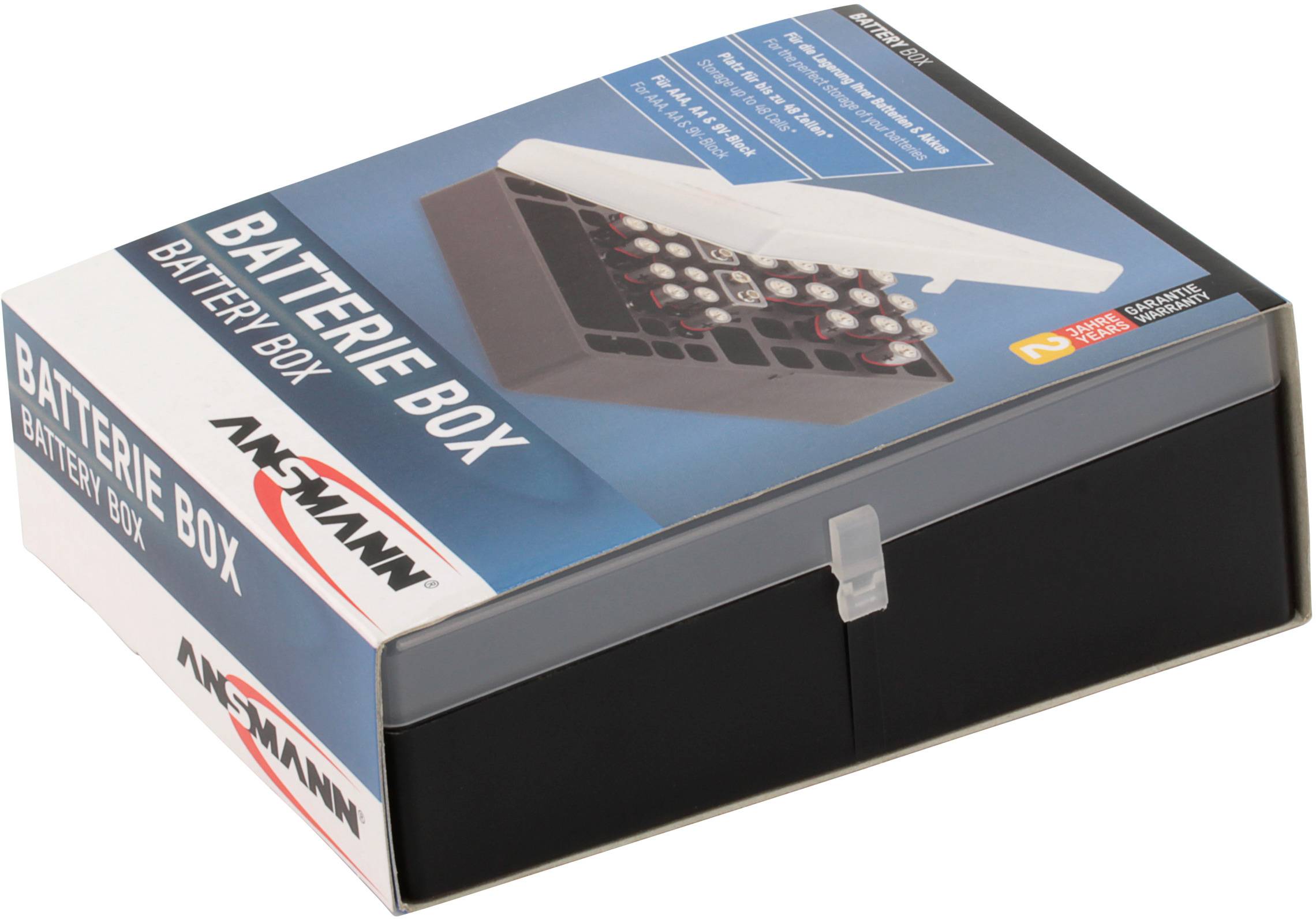 Schachtel mit der Aufschrift 'Batterie Box' von Ansmann. Das Bild zeigt die Verpackung, die zum Aufbewahren von Batterien dient.