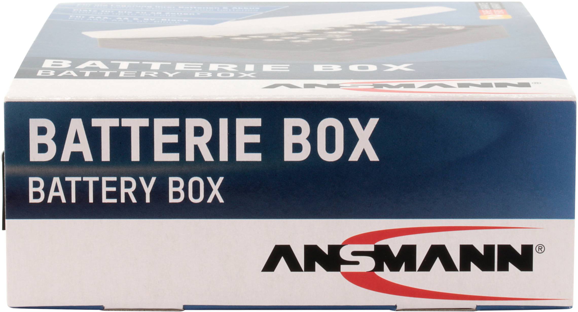 Batteriebox von Ansmann, blau-weißes Design, aufgedruckter Schriftzug 'BATTERIE BOX BATTERY BOX'.