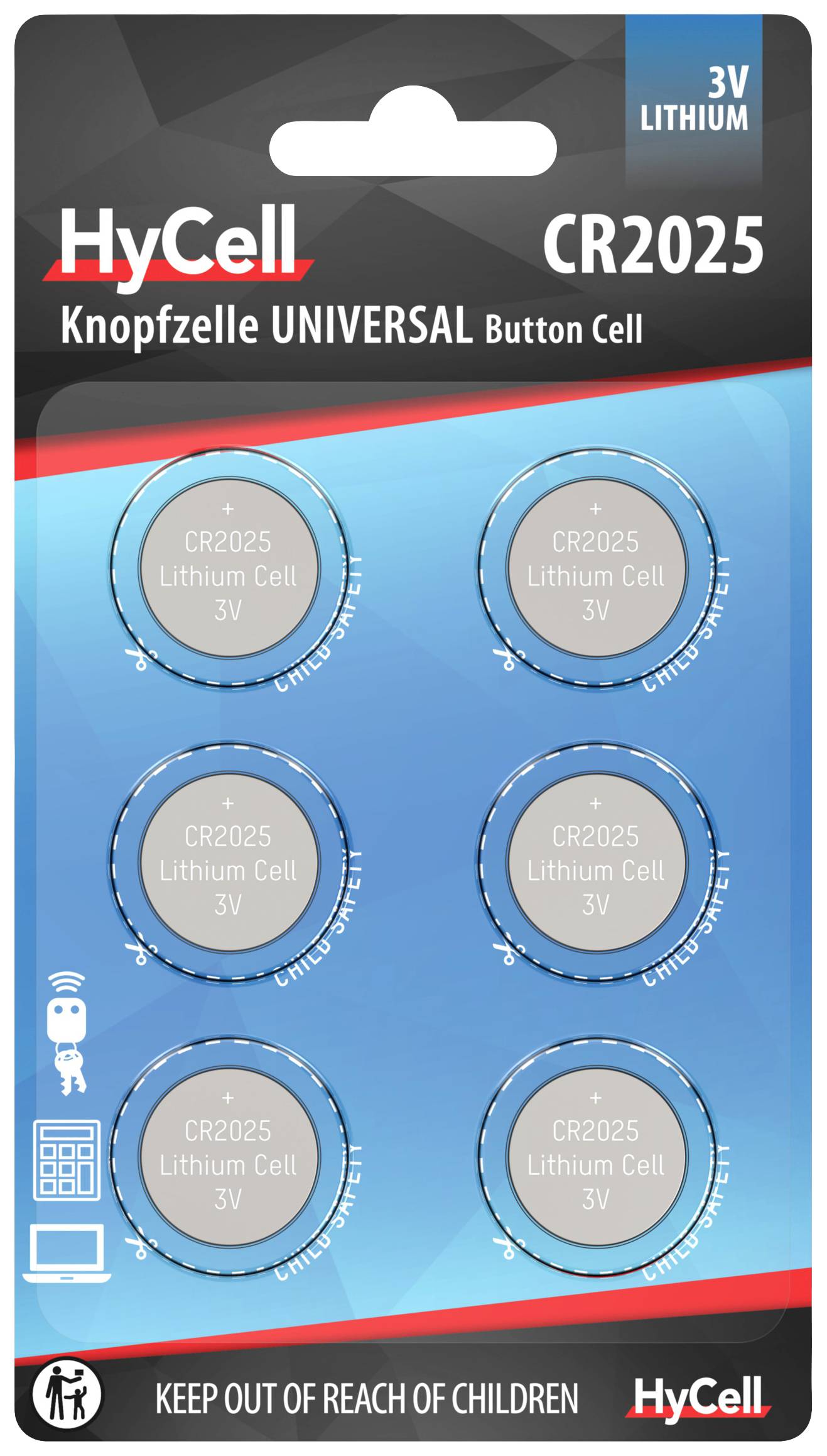 Verpackung mit sechs HyCell CR2025 Lithium-Knopfzellen, 3V. Hinweis: 'KEEP OUT OF REACH OF CHILDREN'. Geeignet für Fernbedienungen.
