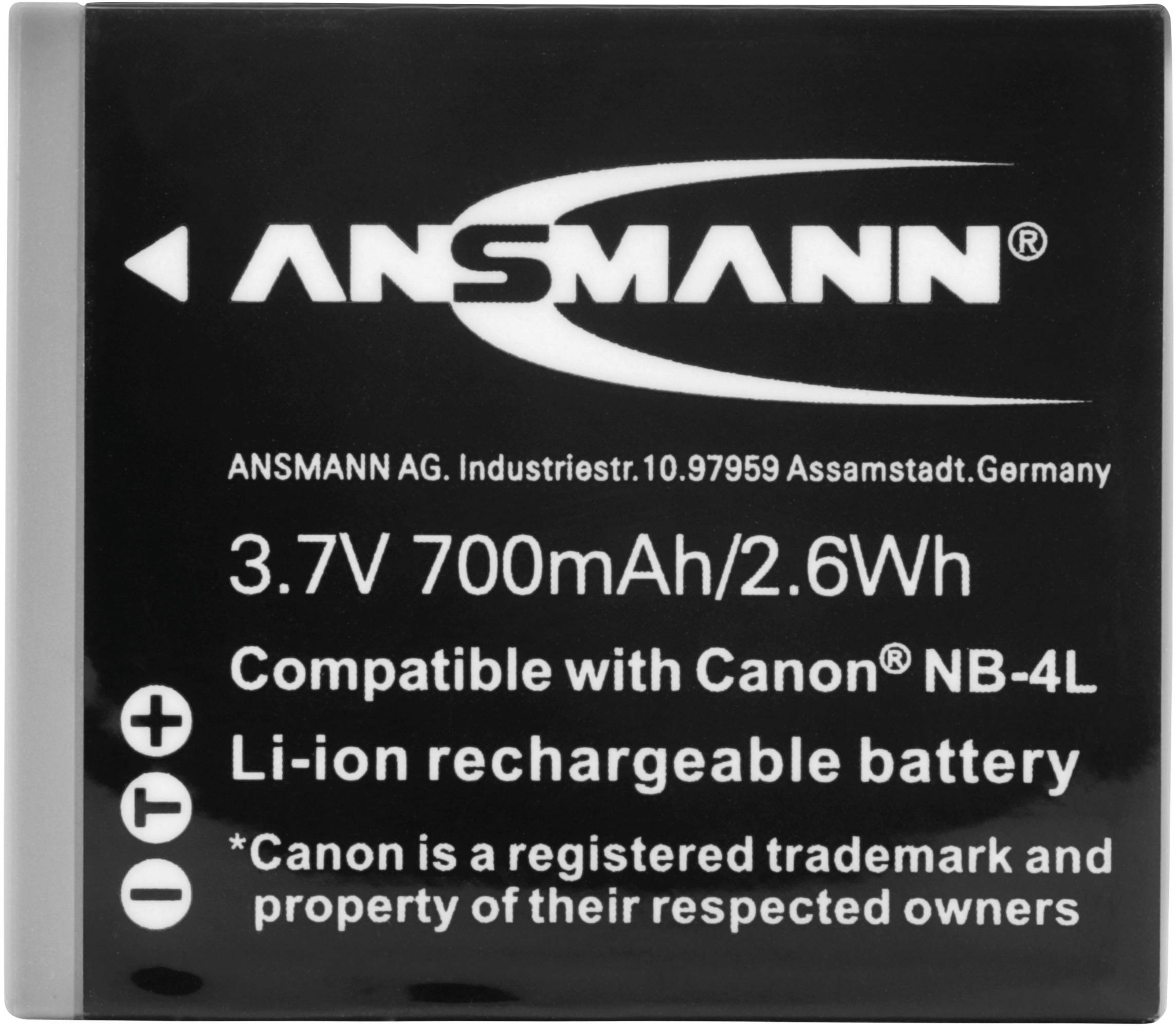 Li-ion Akku, 3.7V 700mAh, kompatibel mit Canon NB-4L, Ansmann Marke, schwarze Verpackung mit weißem Text und technischen Spezifikationen.