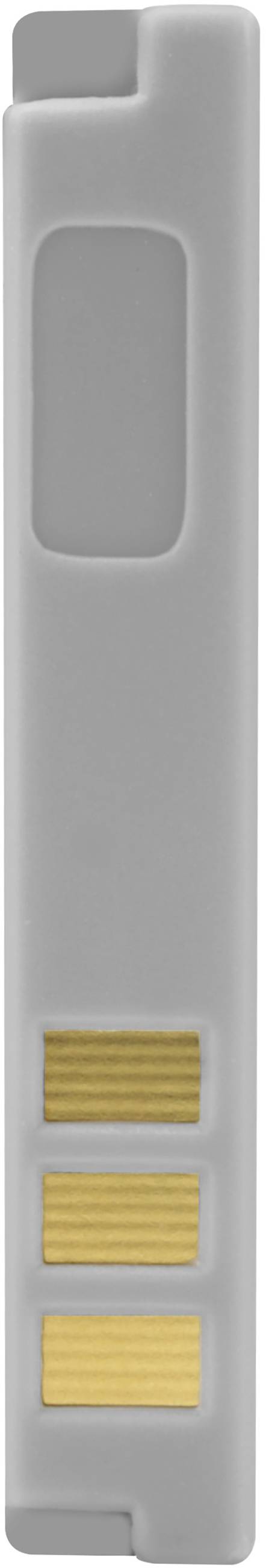 Ein grauer USB-Stick mit gelben Kontakten, vertikal ausgerichtet. Das Design ist einfach und funktional, wahrscheinlich als Speichergerät verwendet.