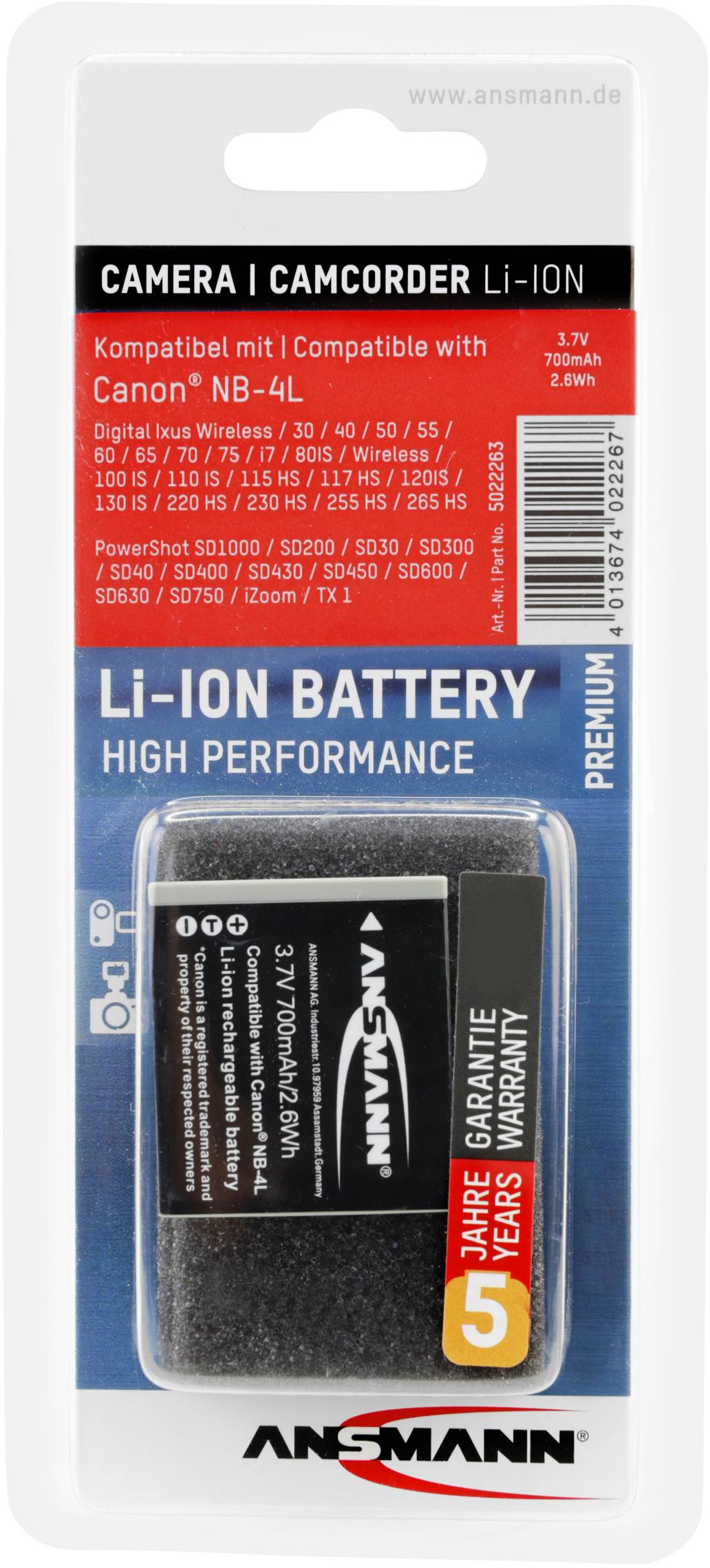 Batterieverpackung von Ansmann, kompatibel mit Canon NB-4L. 3,7V, 750mAh. Enthält Garantiehinweis, Kamera- und Camcorder-Modellliste.