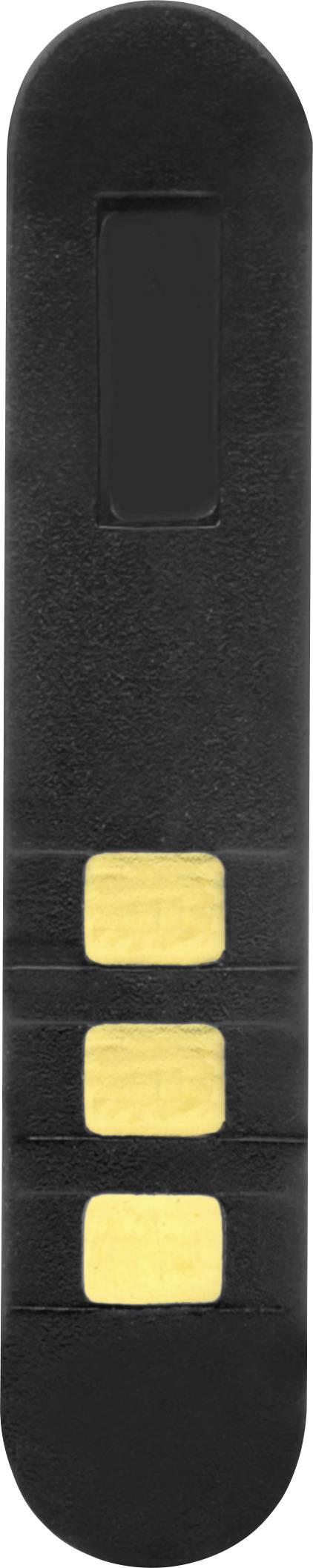 Schwarze, rechteckige USB-Stick-ähnliche Messvorrichtung mit drei goldfarbenen Kontakten auf einer Seite.