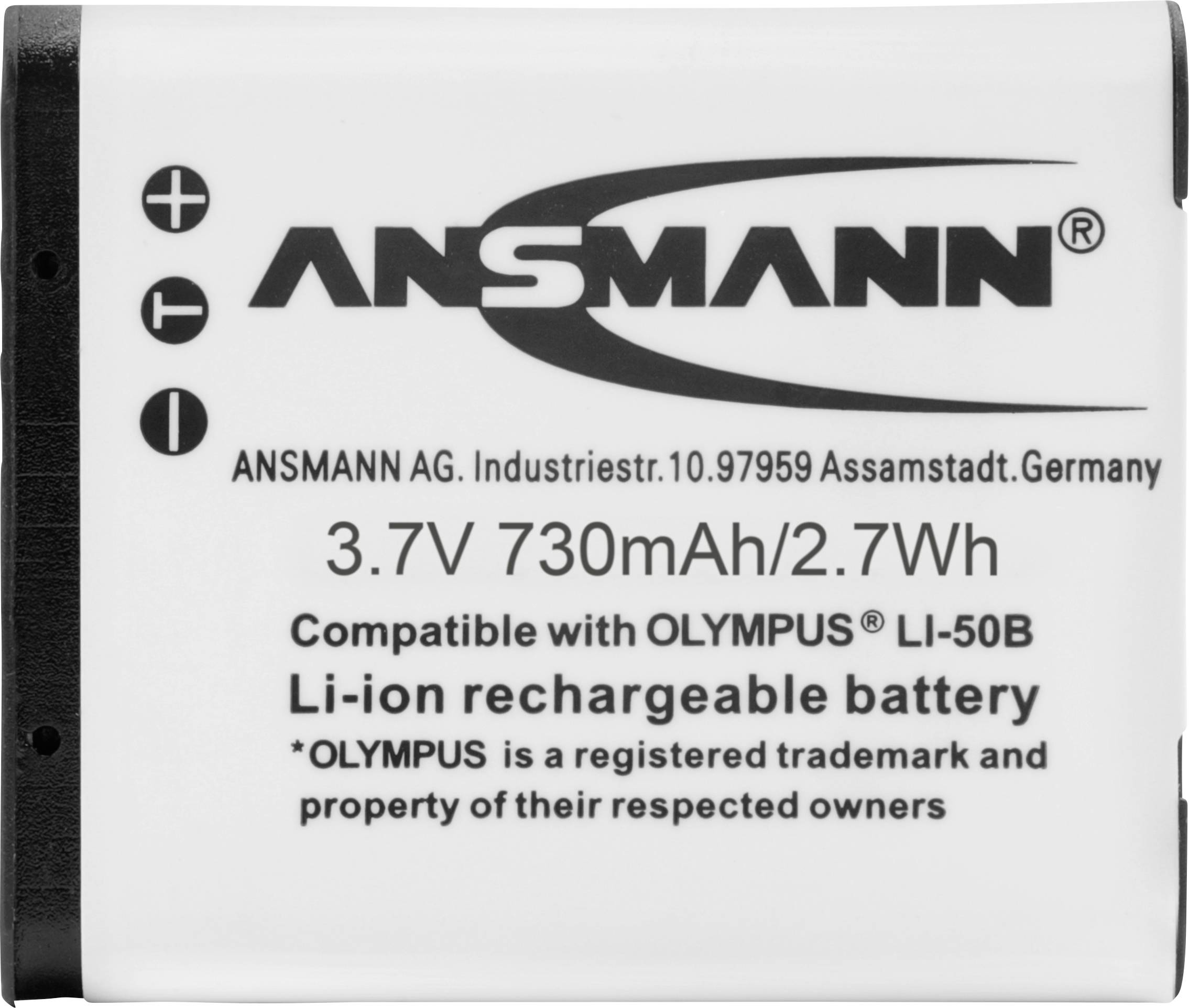 'ANSMANN' 3,7 V, 730 mAh, 2,7 Wh Li-Ion-Akku, kompatibel mit Olympus LI-50B. Herstelleradresse: ANSMANN AG, Deutschland.