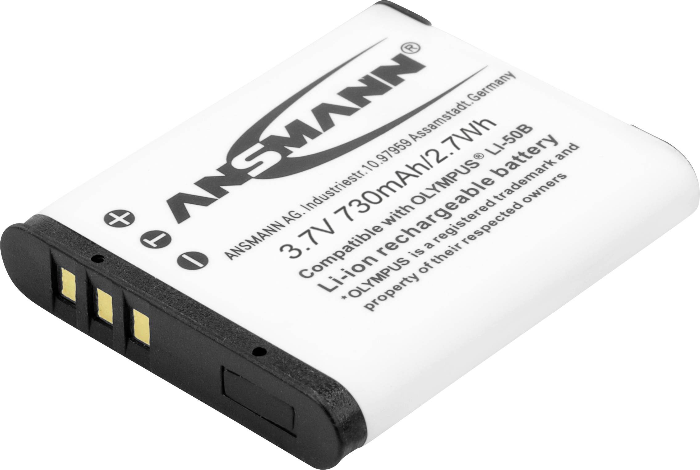 Ein weißer Lithium-Ionen-Akku der Marke 'Ansmann' mit den technischen Daten: 3,7V, 730mAh, 2,7Wh. Kompatibel mit Olympus Li-50B.