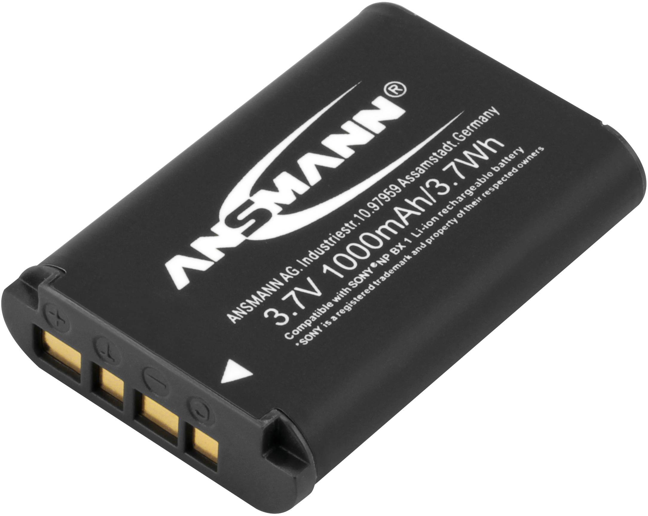 'Ansmann' Batterie, schwarz, 3,7V, 1000mAh, 3,7Wh, rechteckige Form mit drei goldenen Anschlusskontakten auf einer Seite.