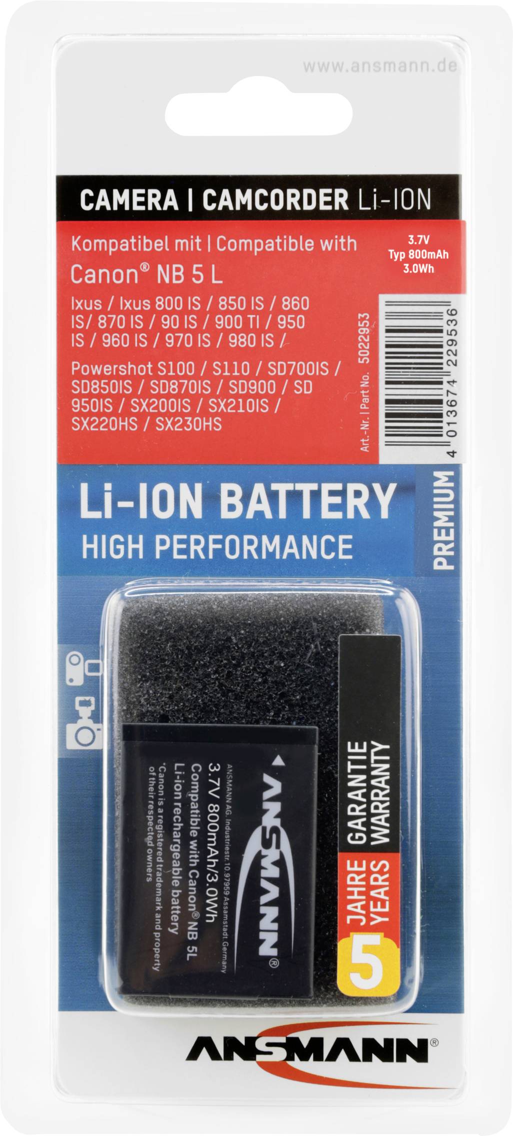 Akkupack von Ansmann, kompatibel mit Canon NB 5L für Kameras und Camcorder. Lithium-Ionen, Leistung 3,7V, 1150mAh, 5 Jahre Garantie.