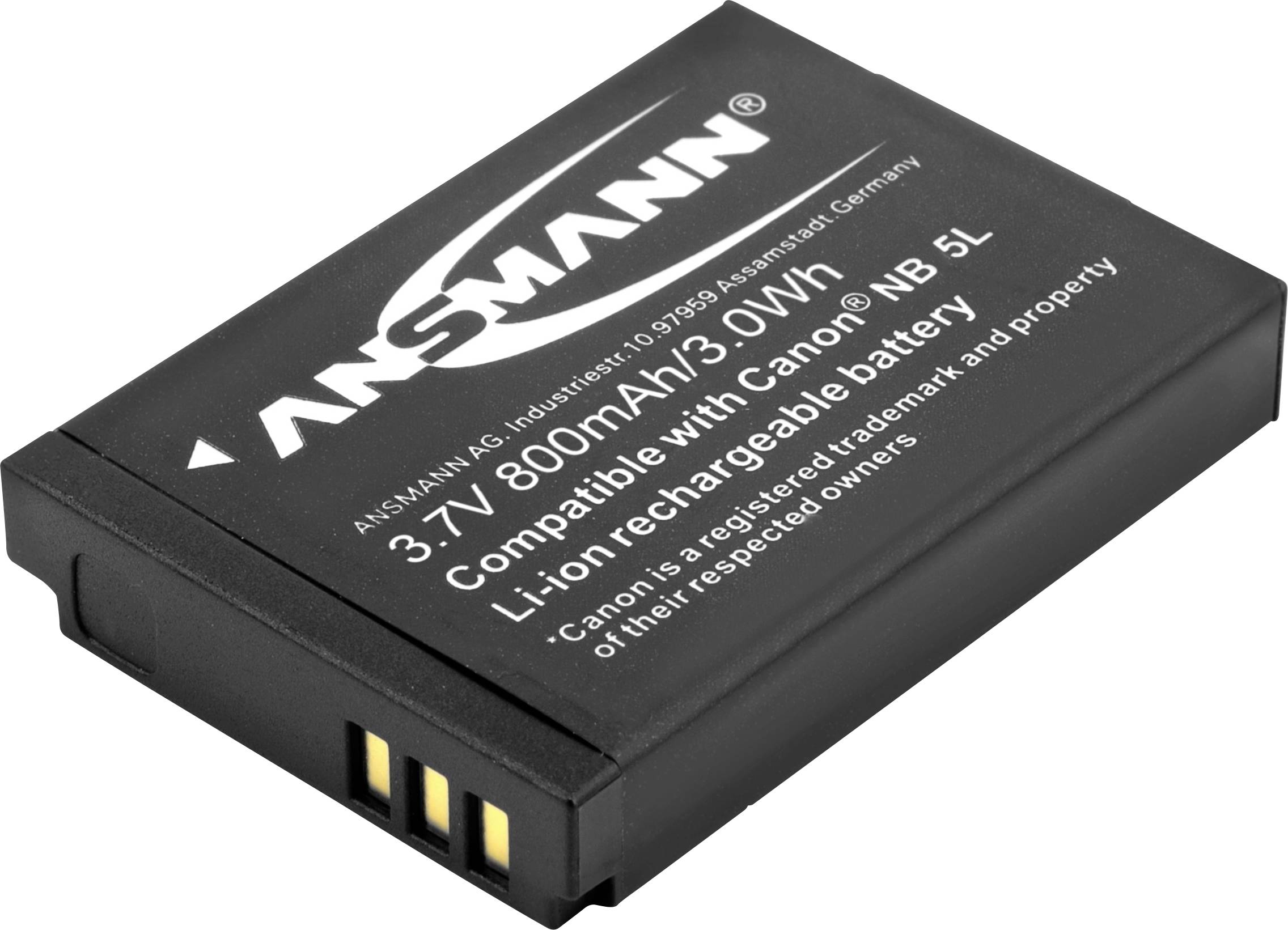 Schwarzer Akku mit der Aufschrift 'ANSMANN', Li-Ion, 3,7V, 800mAh, 3,0Wh. Kompatibel mit Canon NB 5L. Rechteckige Form mit drei Kontaktpunkten.