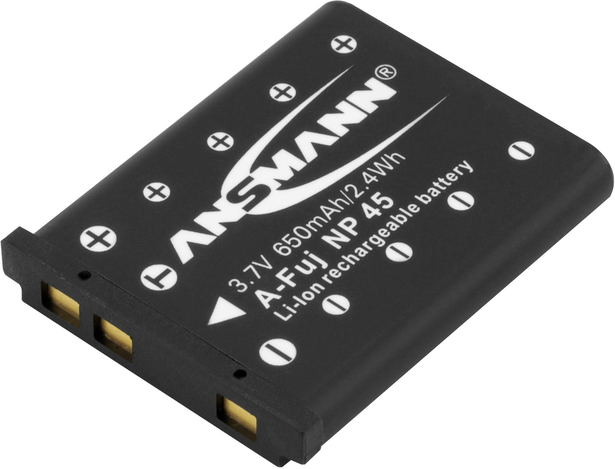 Schwarzer rechteckiger Li-Ion-Akku mit der Aufschrift '3.7V 650mAh 2.4Wh A- Fuji NP-45'.