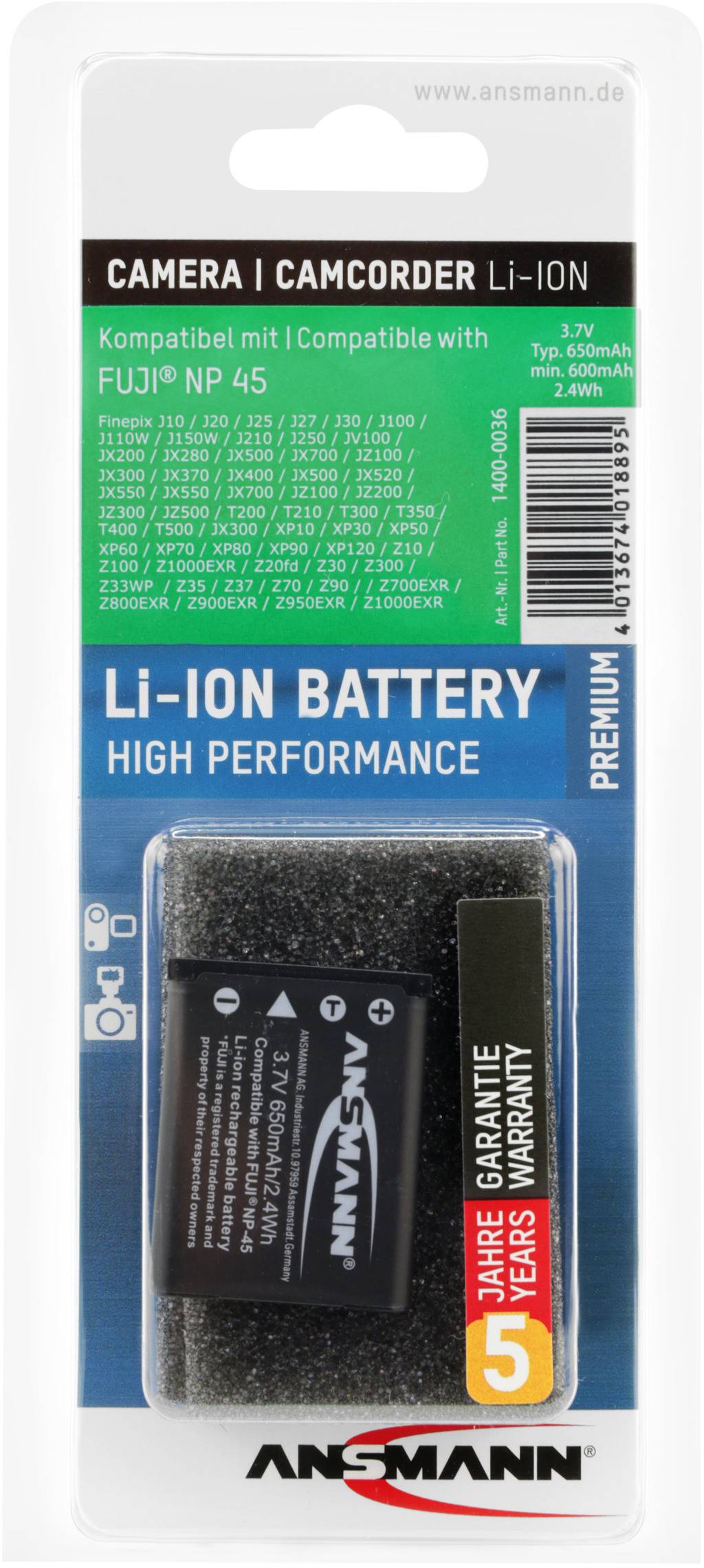 Ansmann A-Fuji NP 45 Kamera-Akku ersetzt Original-Akku (Kamera) NP-45 3.7V 650 mAh