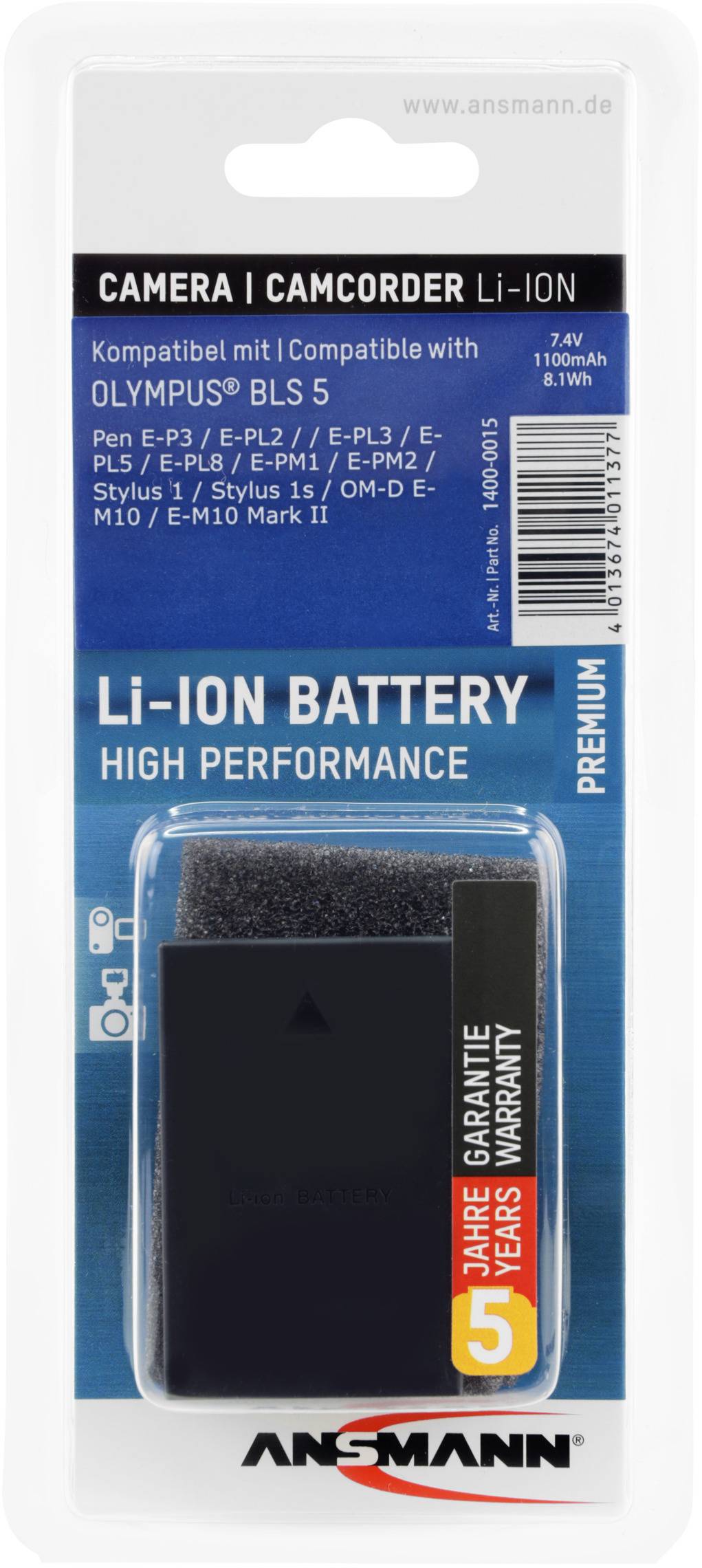 Ansmann A-Oly BLS-5 Kamera-Akku ersetzt Original-Akku (Kamera) BLS-5 7.4V 1100 mAh