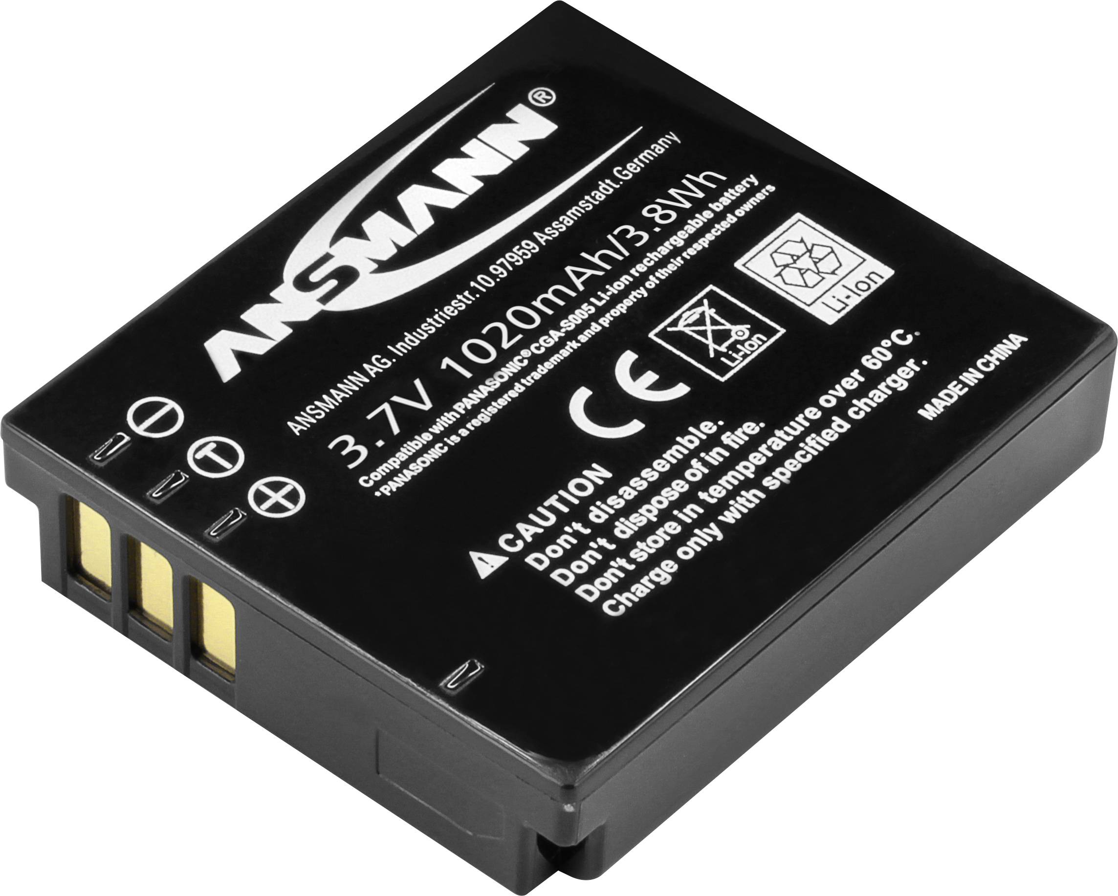 Lithium-Ionen-Akku mit 3,7V, 1020mAh, CE-Zeichen. Aufschrift: 'CAUTION: Don't disassemble. Don't dispose in fire or short circuit.'