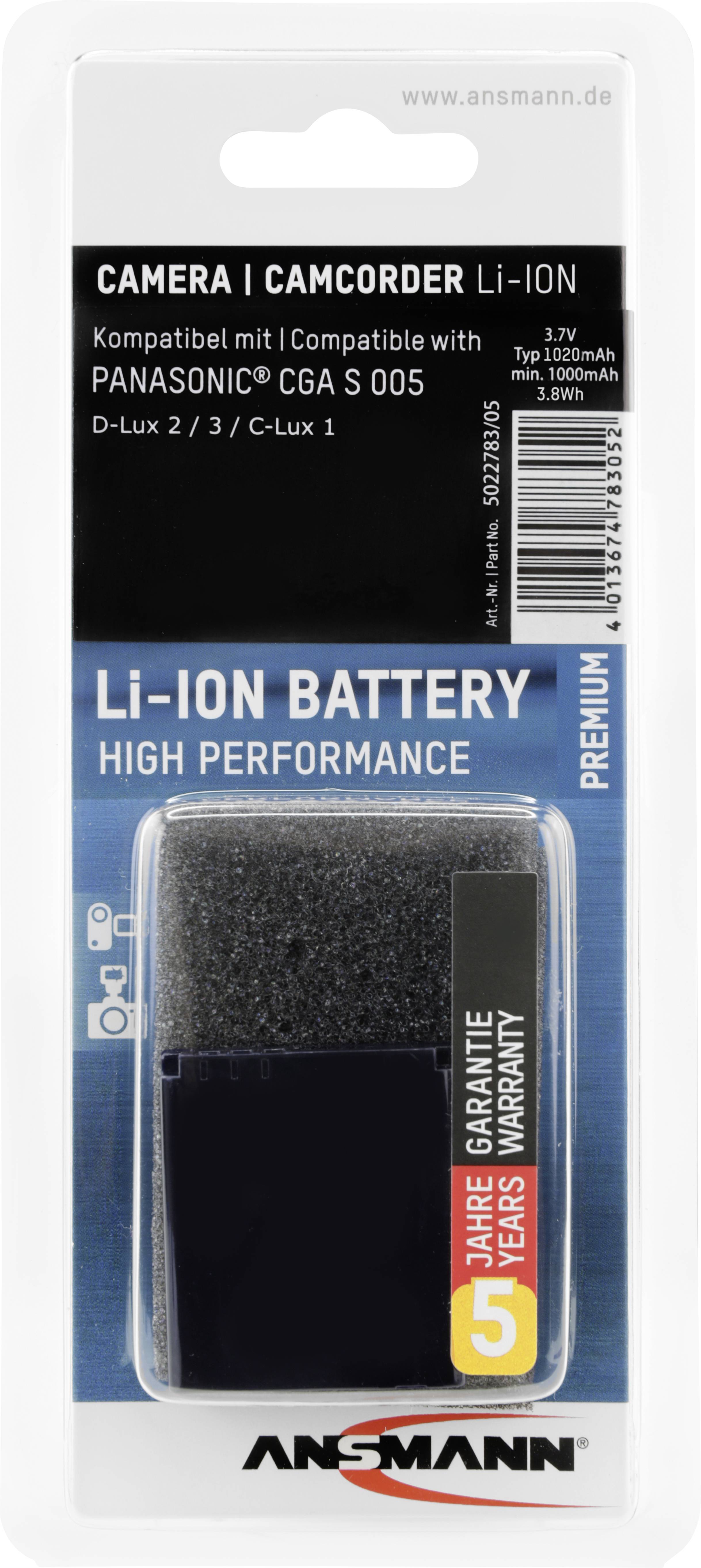 Li-Ion-Batterie, geeignet für Panasonic-Modelle CGA S 005. Leistungsstark, 3,7V, 1000mAh, 3,8Wh, 5 Jahre Garantie. Markenname: Ansmann.