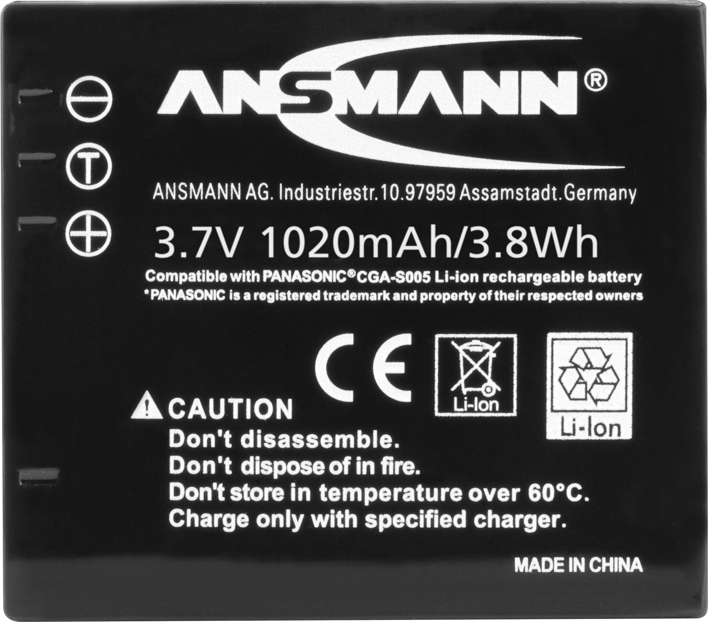 Schwarzer Akku mit der Aufschrift 'ANSMANN' und technischen Spezifikationen: 3,7V, 1020mAh, 3,8Wh, kompatibel mit PANASONIC CGA-S005.