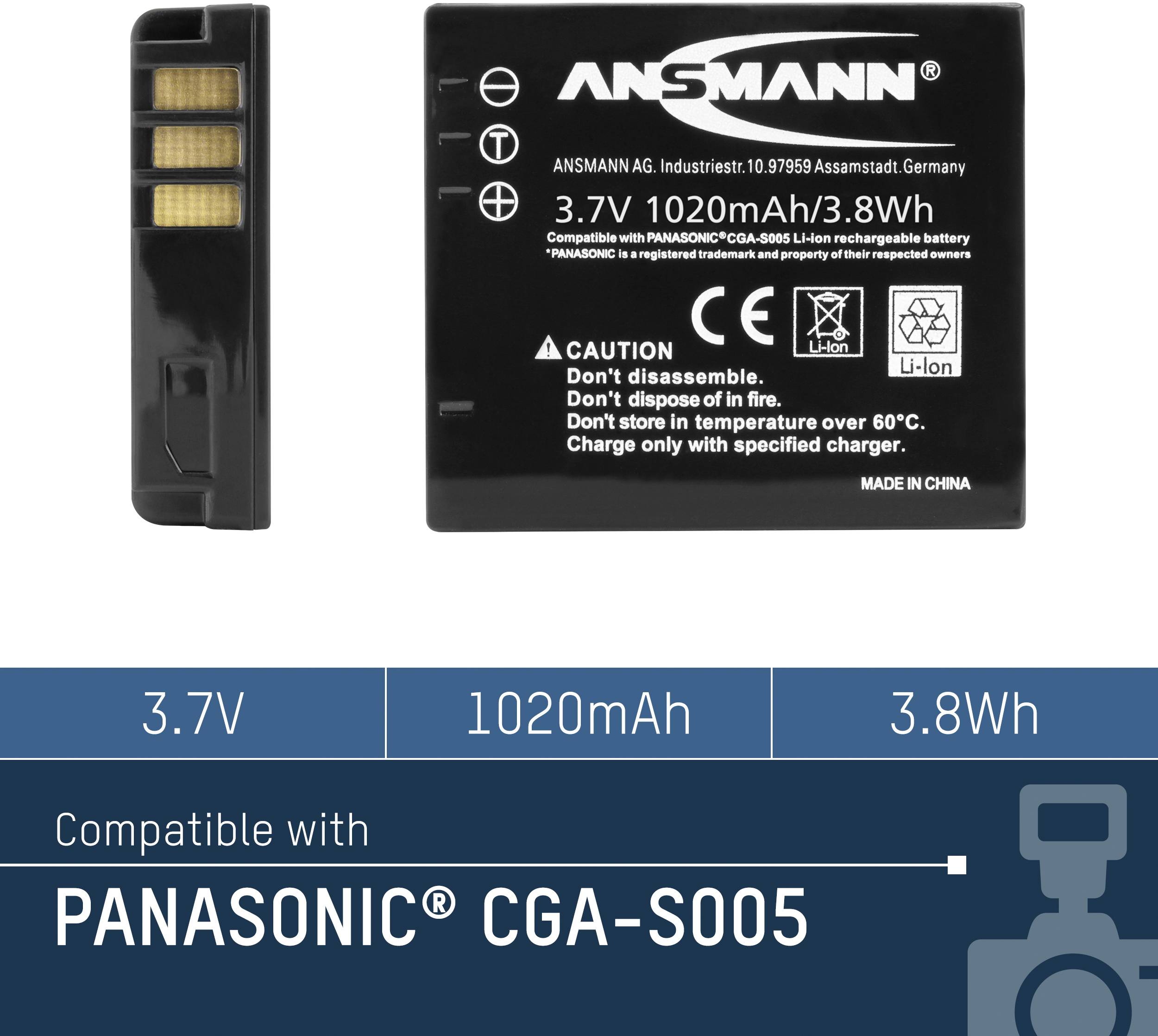 Schwarzer Akku von Ansmann, Modellnummer 10197959. Kapazität: 1020mAh, 3.7V, 3.8Wh. Kompatibel mit Panasonic CGA-S005. Made in China.