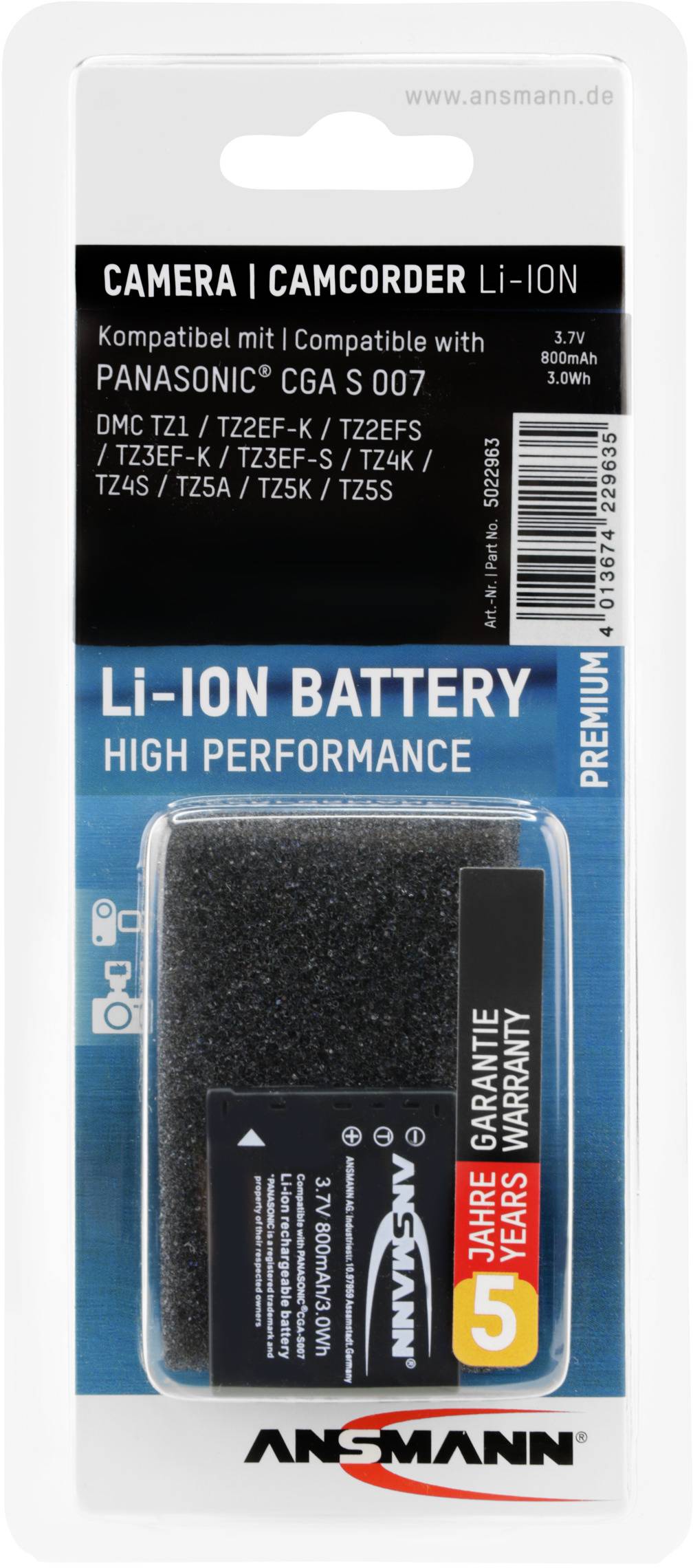 Ansmann A-Pan CGA S007 Kamera-Akku ersetzt Original-Akku (Kamera) CGA-S007E, CGA-S007 3.7V 800 mAh