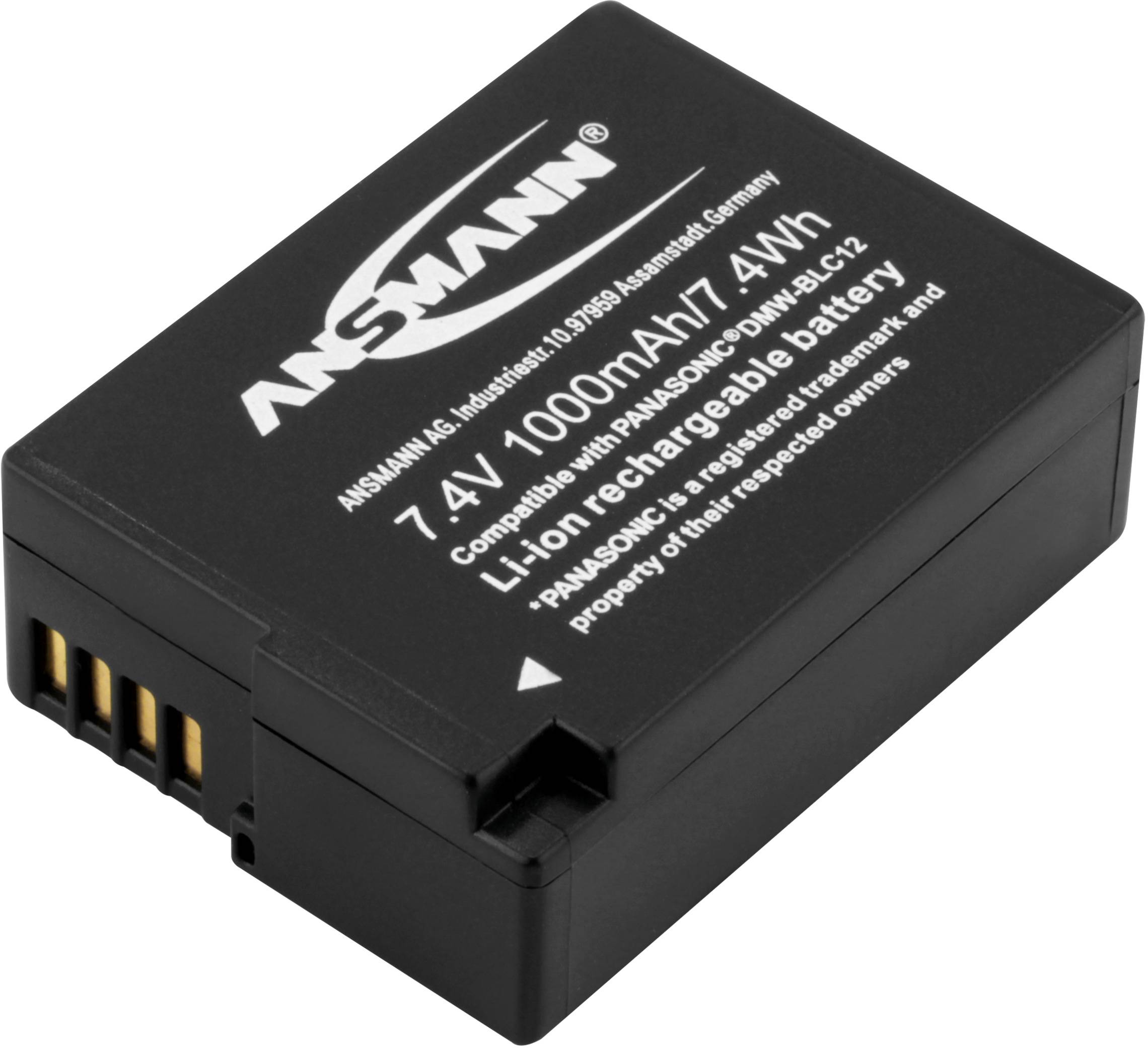 Schwarzer Lithium-Ionen-Akku mit Aufschrift 'ANSMANN 7.4V 1000mAh 7.4Wh', kompatibel mit Panasonic-Geräten.