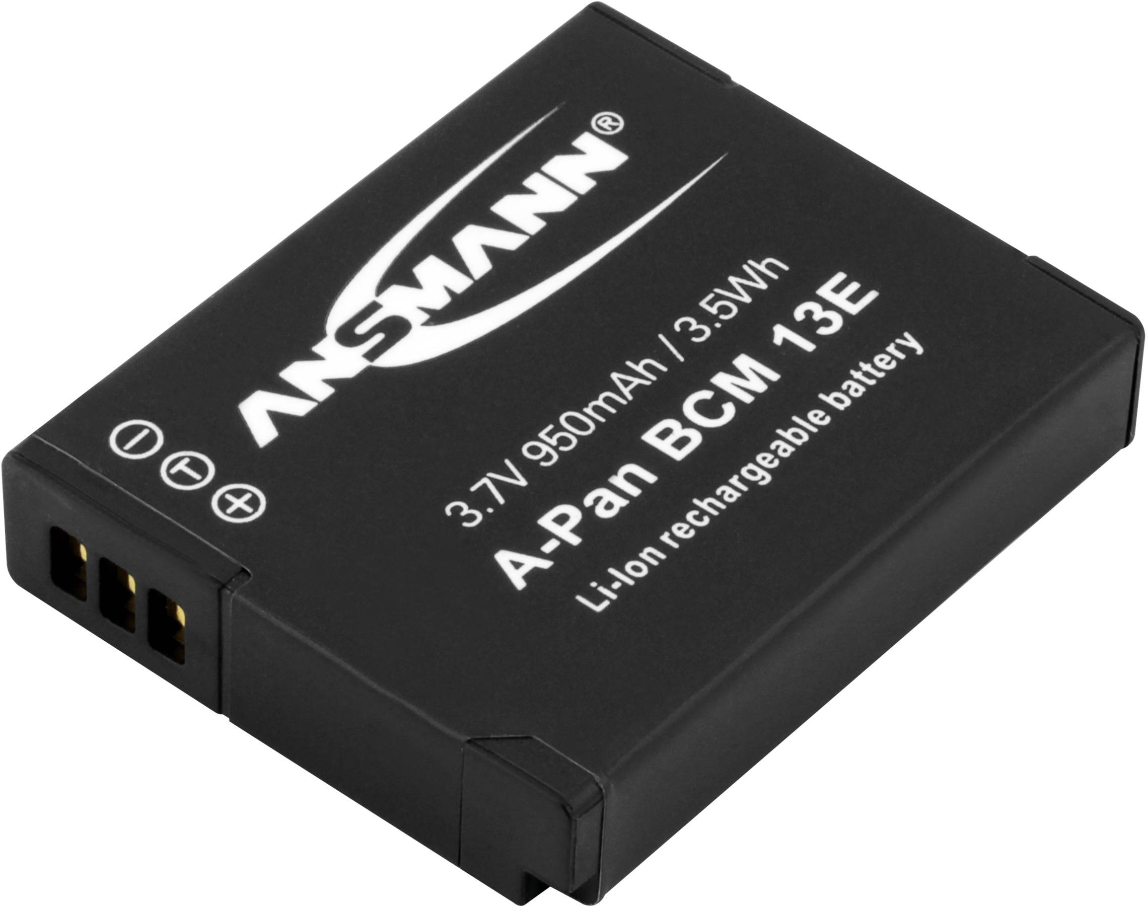 Schwarzer Lithium-Ionen-Akku von Ansmann mit der Aufschrift '3.7V 950mAh / 3.5Wh A-Pan BCM-13E'.