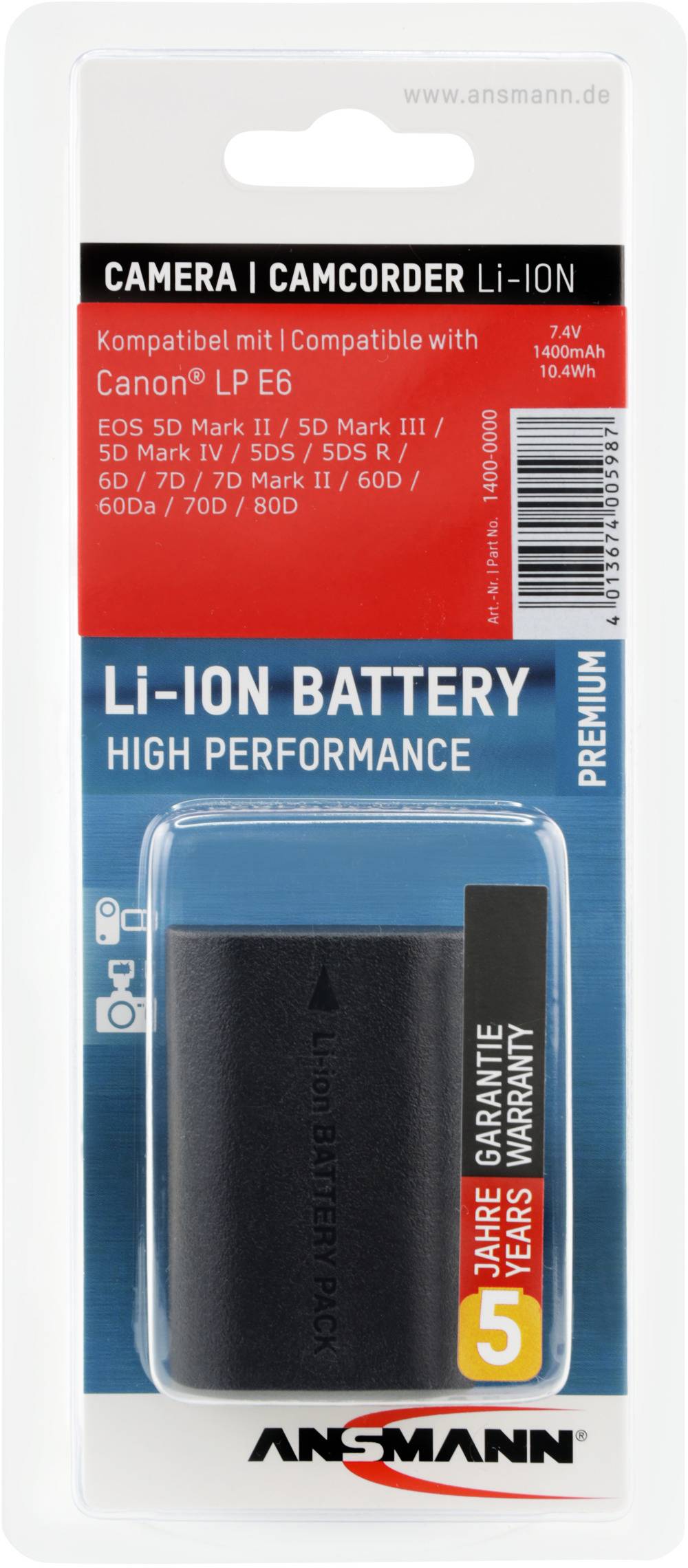 Ansmann A-Can LPE6 Kamera-Akku ersetzt Original-Akku (Kamera) LP-E6 7.4V 1400 mAh